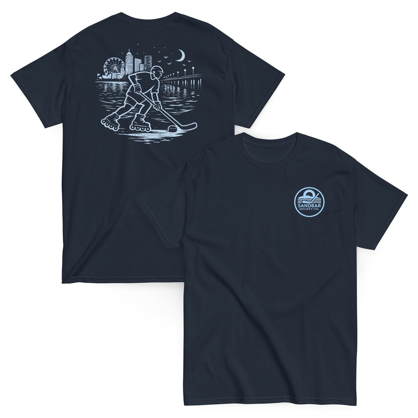 Navy blue roller hockey t-shirt showing back graphic with a roller hockey player skating by the water at night and blue front chest Sandbar Hockey Co. logo.