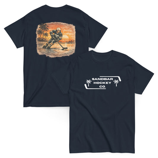 Navy Blue Sunset Glide Roller Hockey T-Shirt with large vintage coastal hockey back graphic and white Sandbar Hockey Co. front chest logo