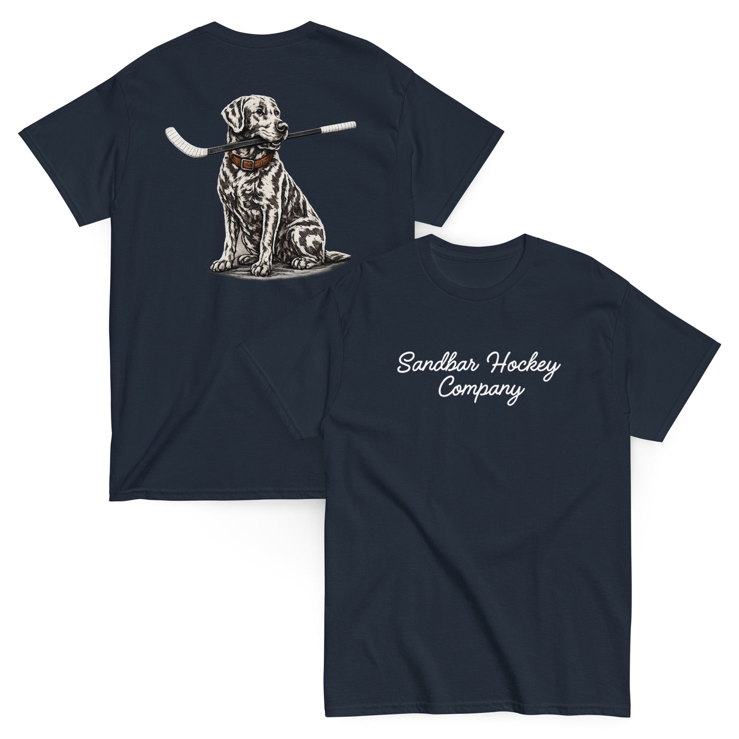 Navy blue hockey t-shirt shown with both sides, featuring the dog-with-hockey-stick back graphic and the white Sandbar Hockey Company script logo on the front chest.