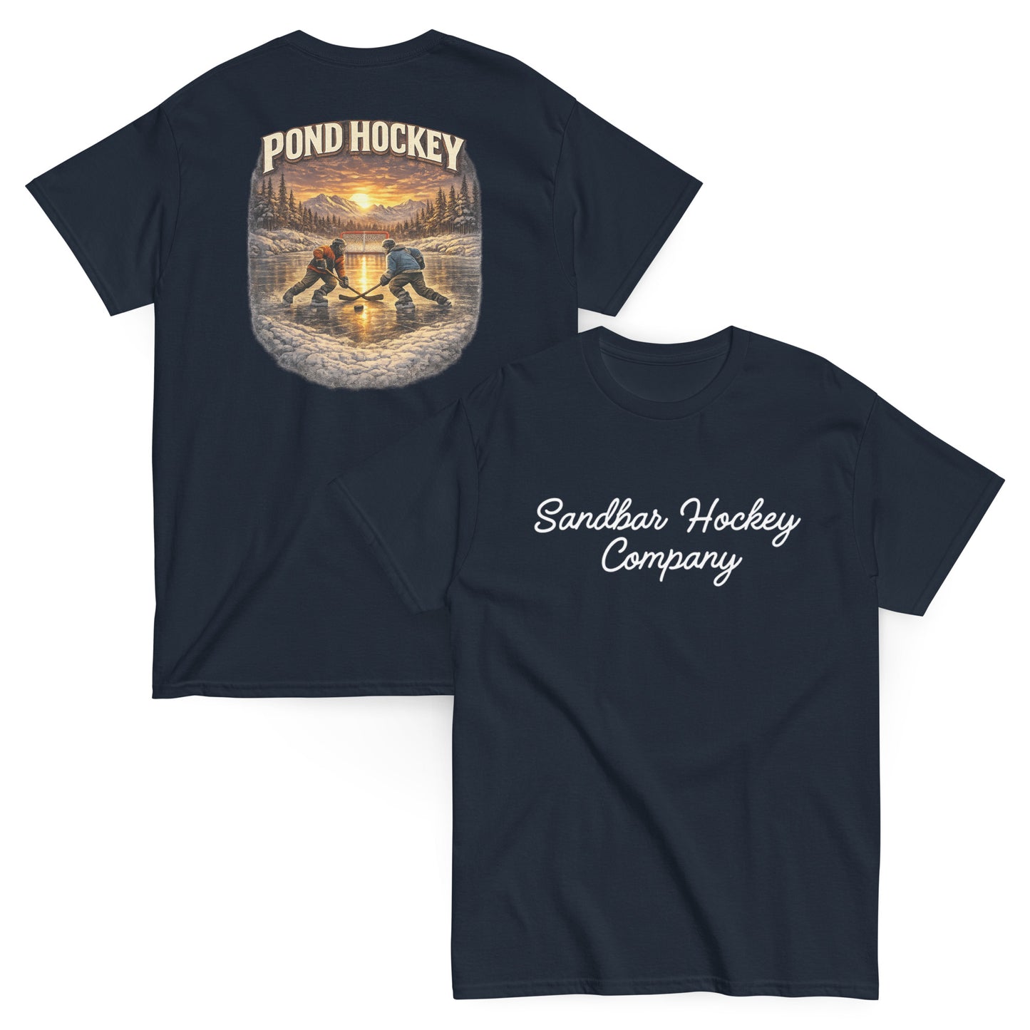 Blue short-sleeve T-shirt mockup showing front and back views. The back features a vintage-style pond hockey graphic with two players on a frozen pond at sunset, pine trees, mountains, and the words “POND HOCKEY” above. The front has “Sandbar Hockey Company” in white script across the chest.