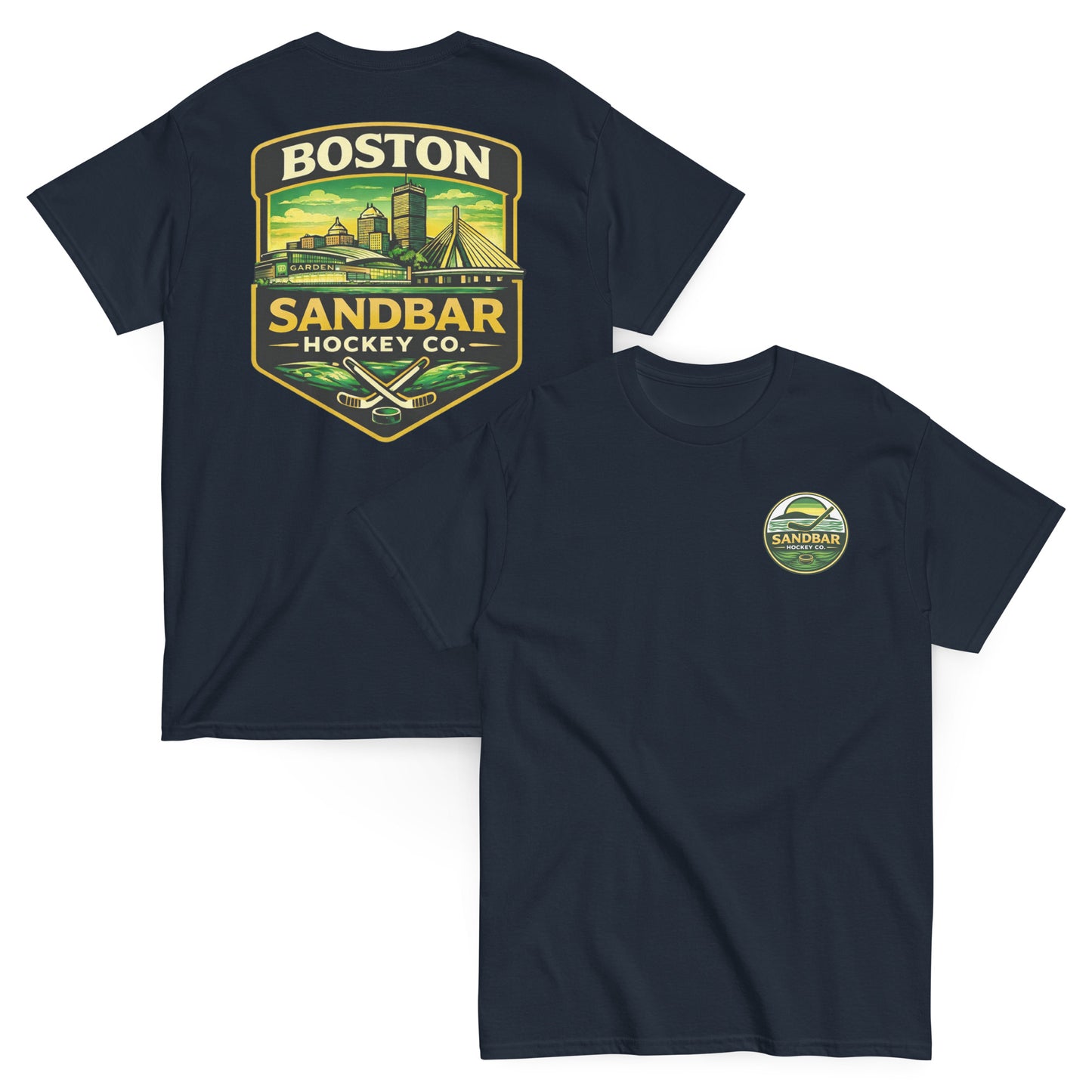 Boston Sandbar Hockey Co. navy blue t-shirt mockup showing the front and back of the shirt, with a small circular Sandbar Hockey Co. logo on the front left chest and a large Boston skyline hockey graphic on the back.