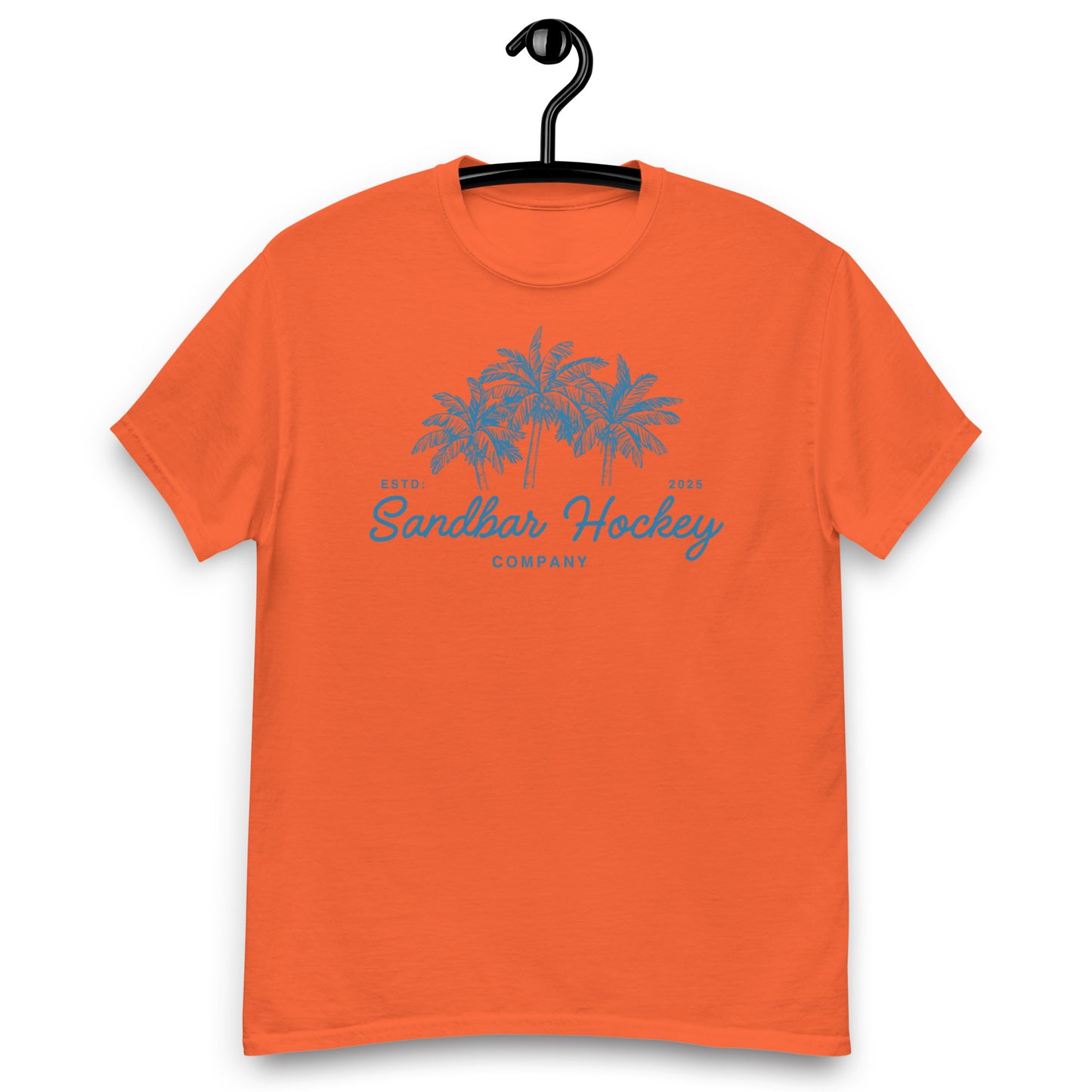 Orange hockey t-shirt front side with blue palm tree graphic and Sandbar Hockey Company cursive logo