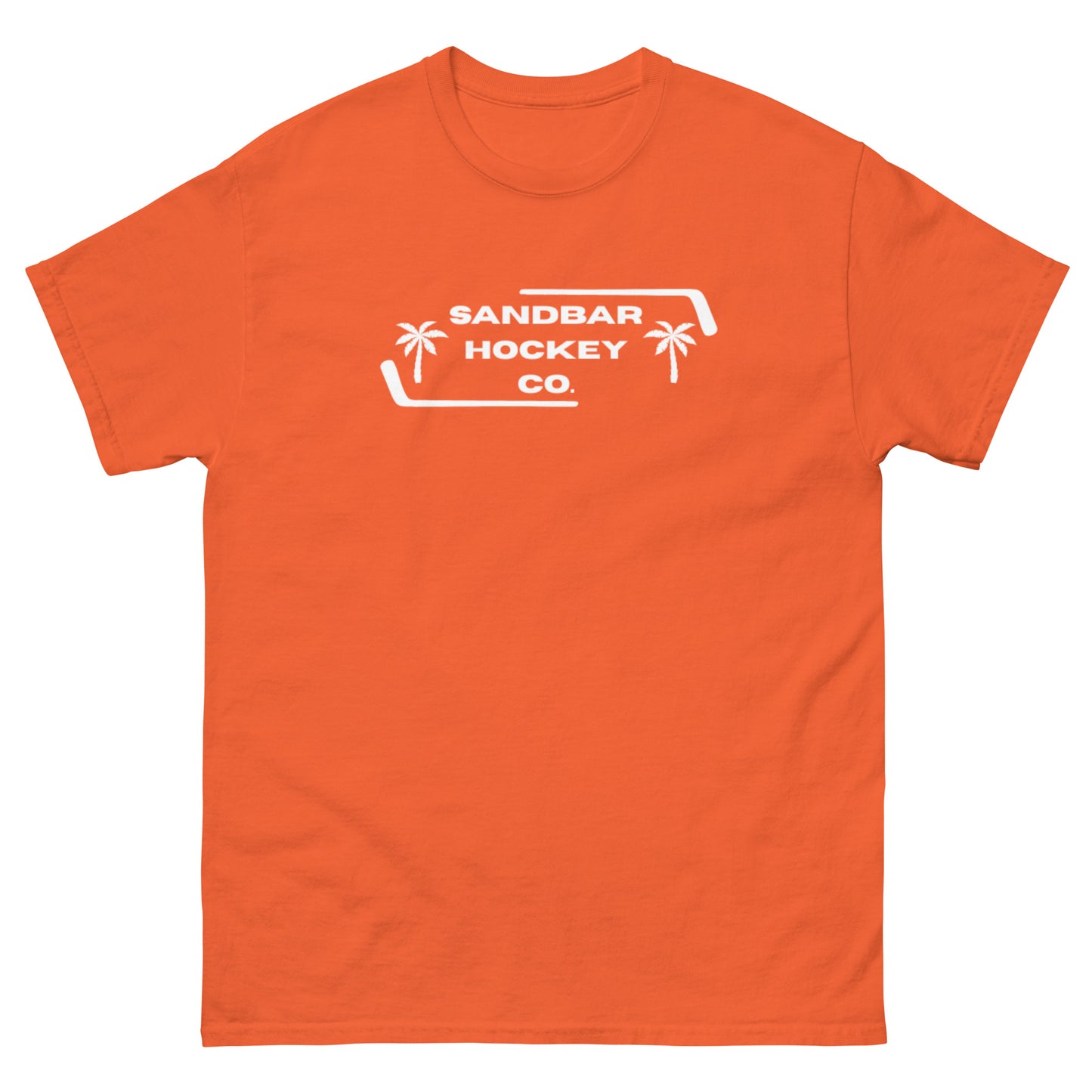 Orange Palm Frame T-Shirt with white Sandbar Hockey Co. palm frame front logo