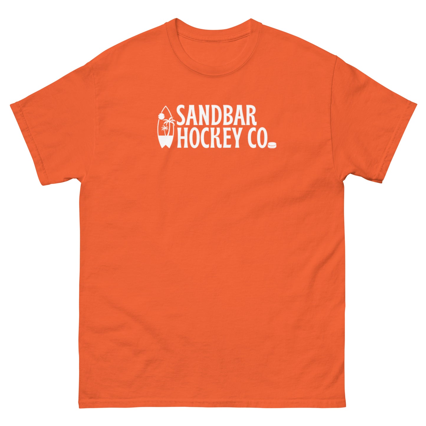 Orange Surf Stick T-Shirt with white Sandbar Hockey Co. surfboard front logo