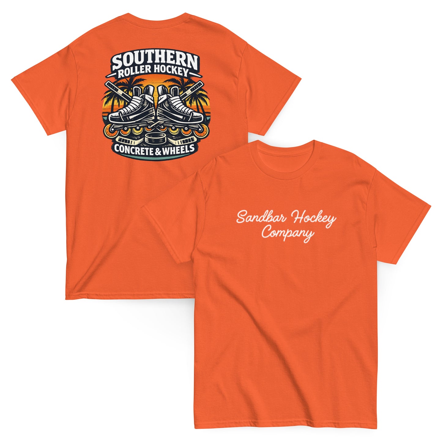 Orange southern roller hockey t-shirt showing back graphic with crossed roller skates, hockey sticks, puck, palm trees, and front chest Sandbar Hockey Company script.