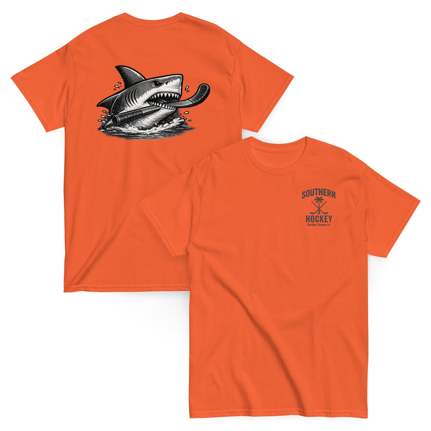 Orange Southern Hockey Sandbar Hockey Co. T-shirt with black shark hockey graphic on the back and small Southern Hockey chest logo on the front