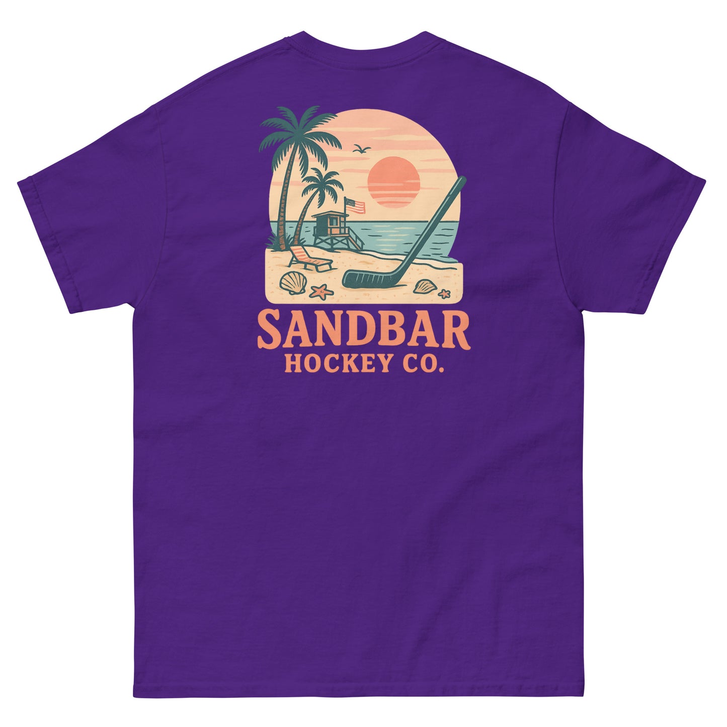 Purple hockey t-shirt back side with beach sunset lifeguard stand graphic and Sandbar Hockey Co. logo
