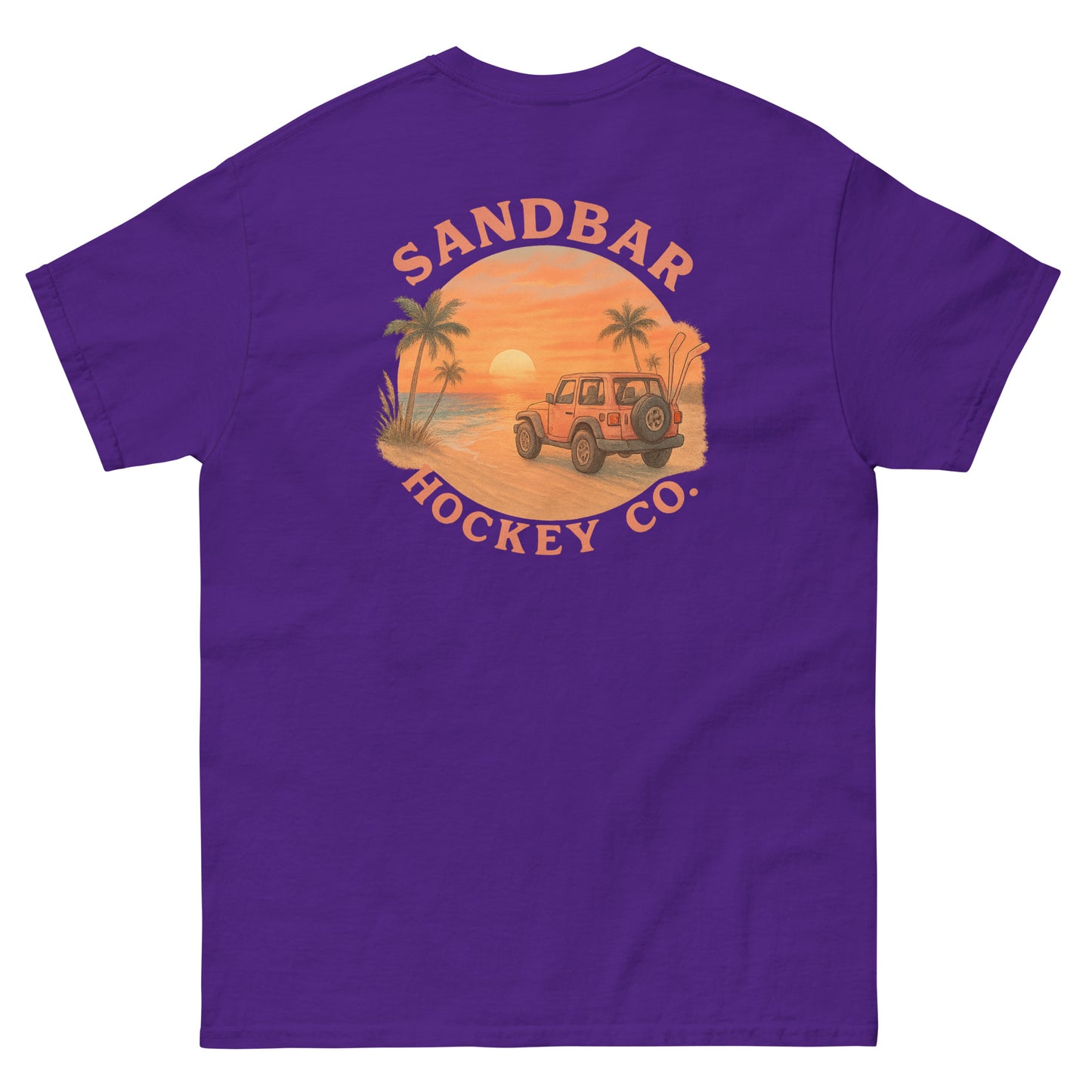 Purple hockey t-shirt back side with beach sunset jeep graphic and Sandbar Hockey Co. logo