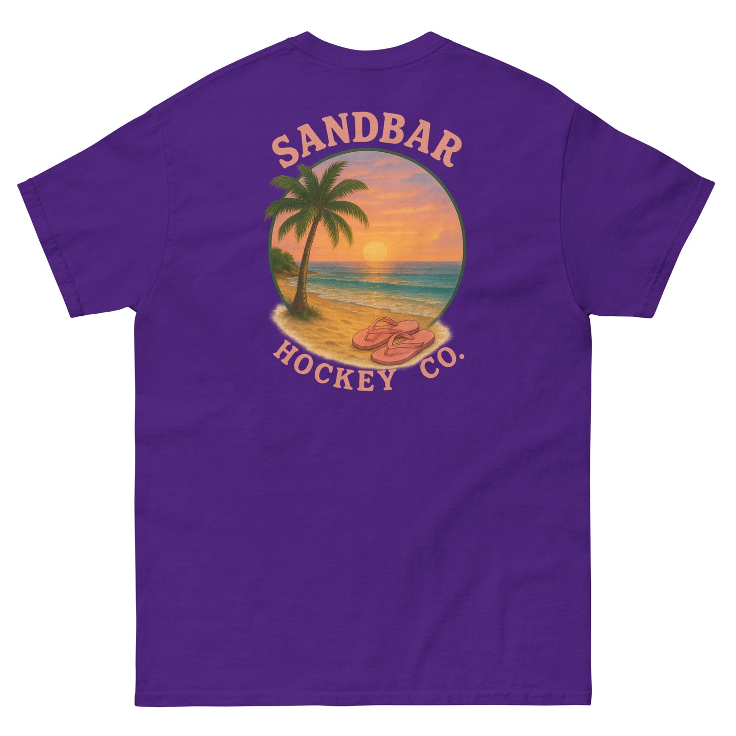 Purple hockey t-shirt back side with beach sunset palm tree and flip flops graphic and Sandbar Hockey Co. logo