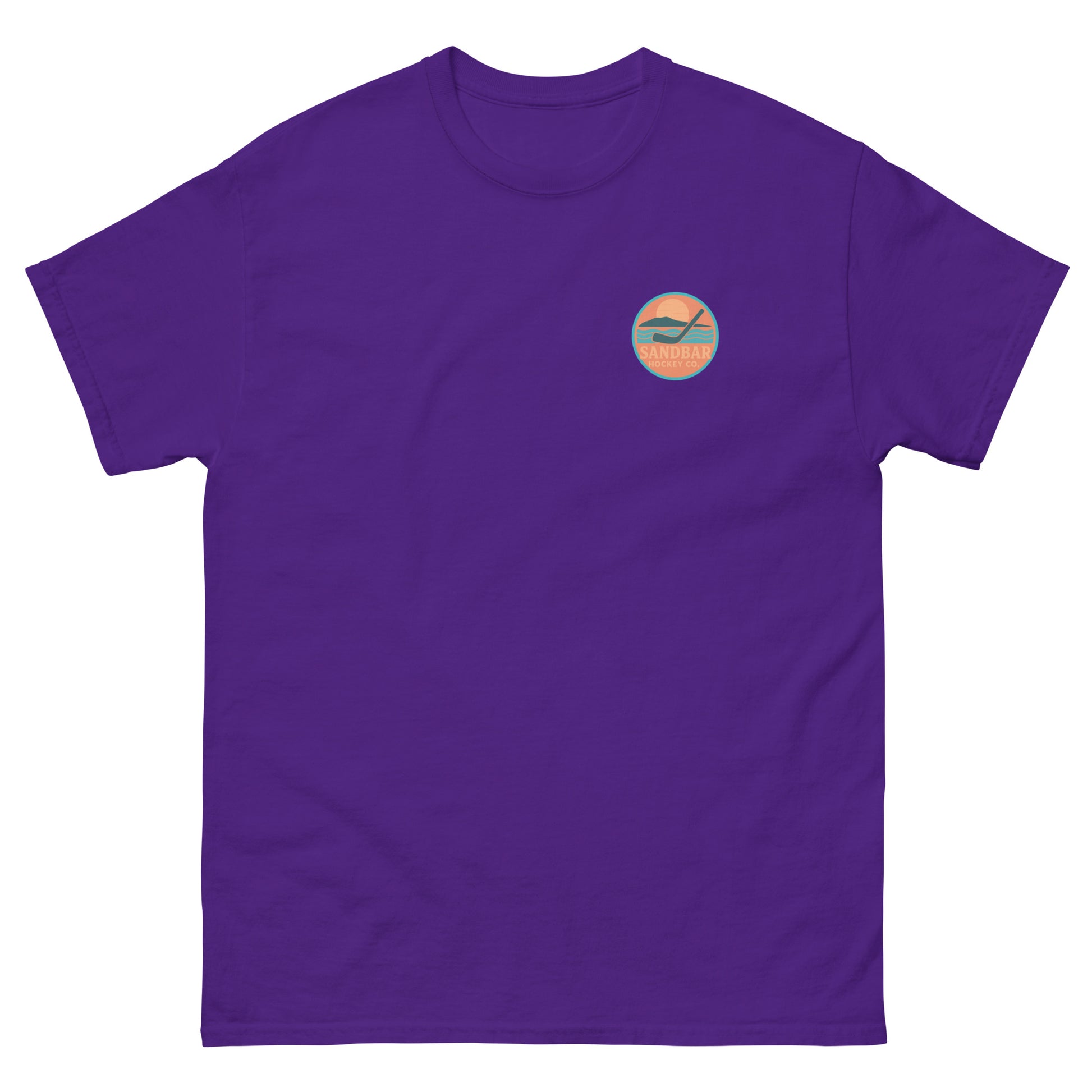 Purple hockey t-shirt front side with small circular Sandbar Hockey chest logo