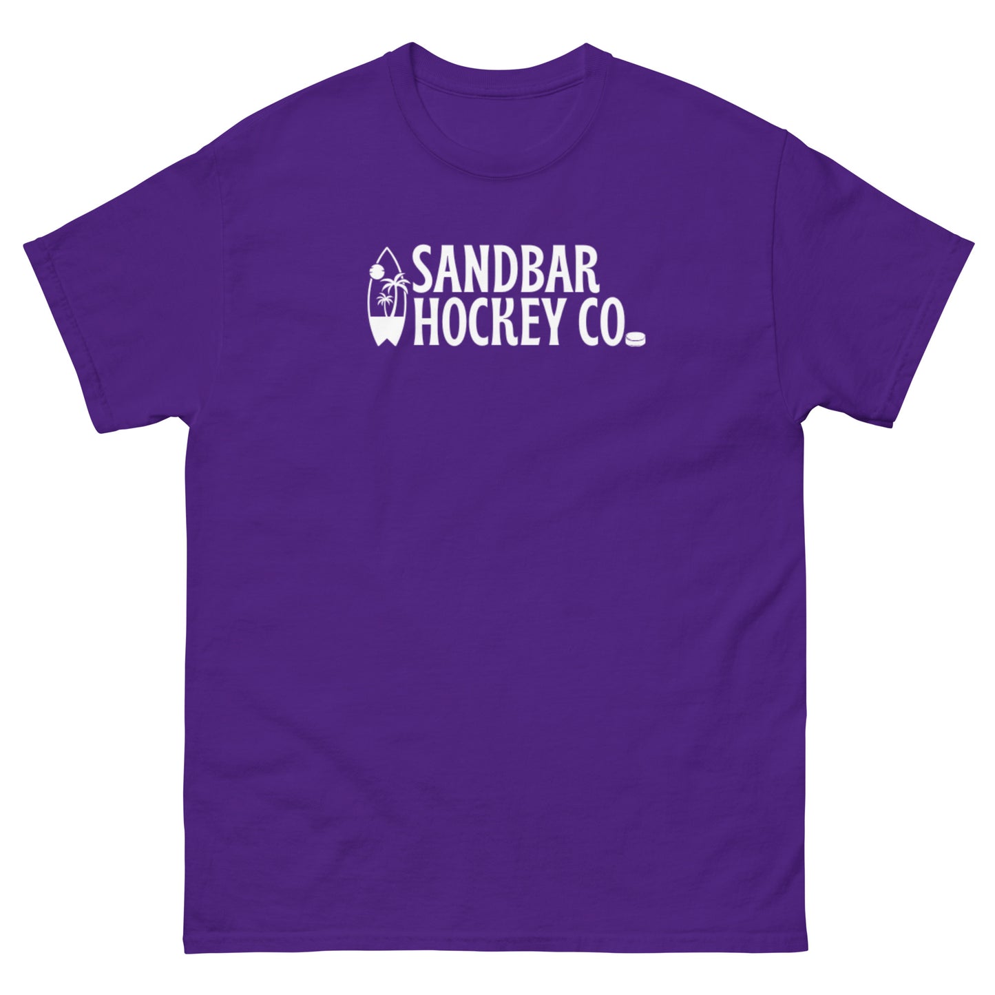 Purple Surf Stick T-Shirt with white Sandbar Hockey Co. surfboard front logo