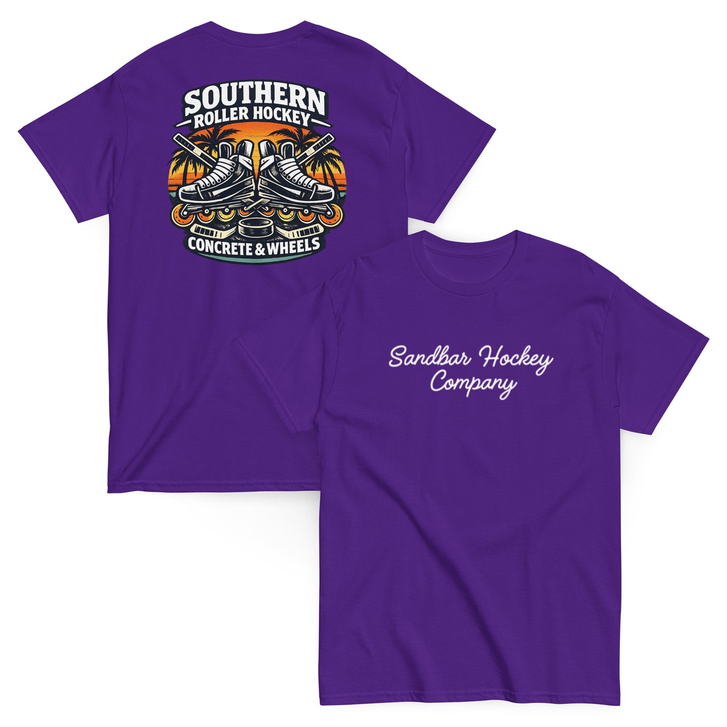 Purple southern roller hockey t-shirt showing back graphic with crossed roller skates, hockey sticks, puck, palm trees, and front chest Sandbar Hockey Company script.