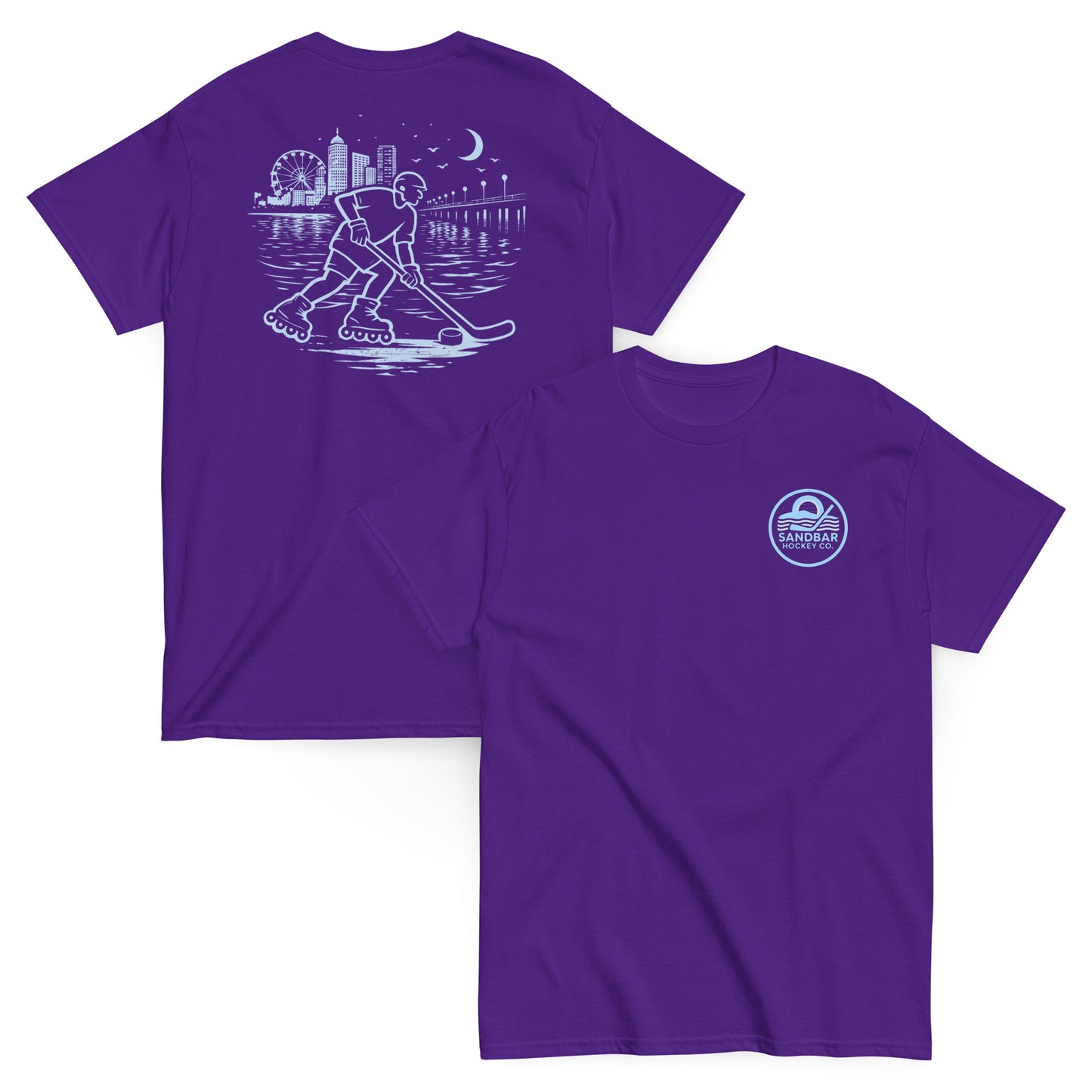 Purple roller hockey t-shirt showing back graphic with a roller hockey player skating by the water at night and blue front chest Sandbar Hockey Co. logo.