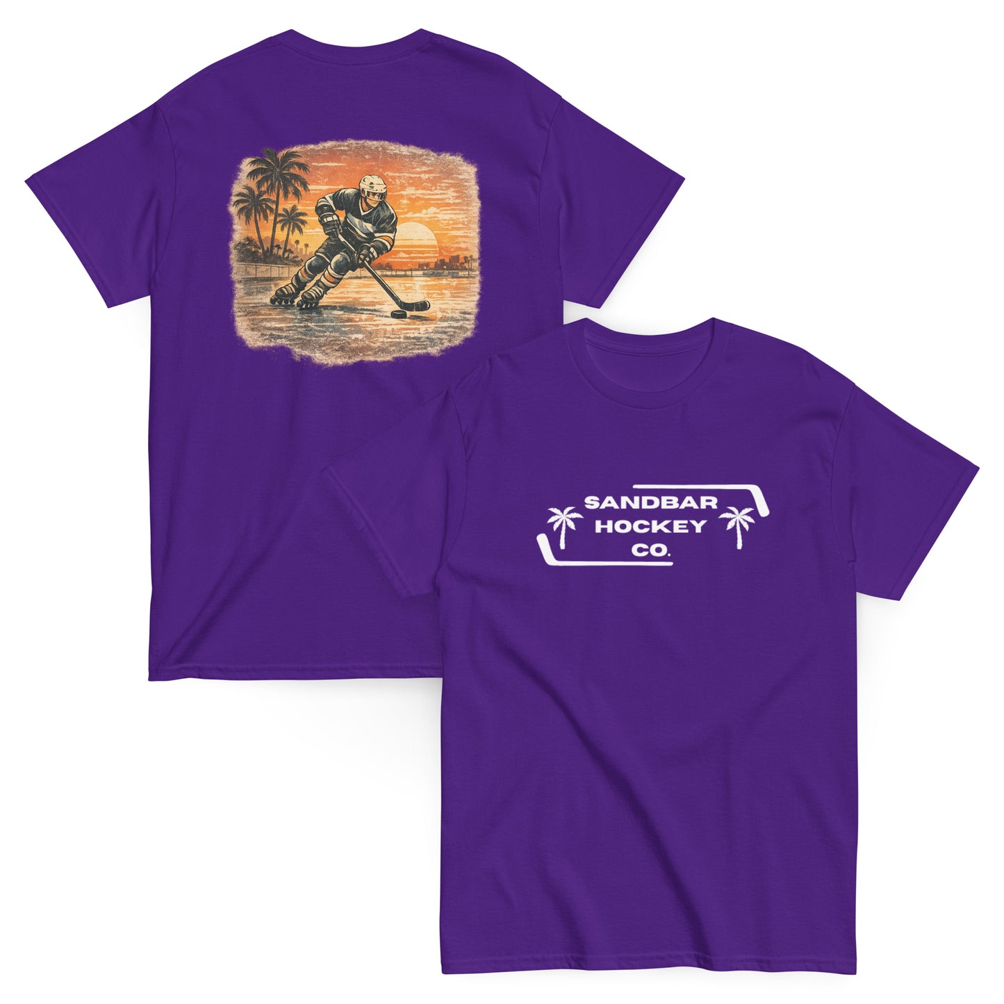 Purple Sunset Glide Roller Hockey T-Shirt with large vintage coastal hockey back graphic and white Sandbar Hockey Co. front chest logo