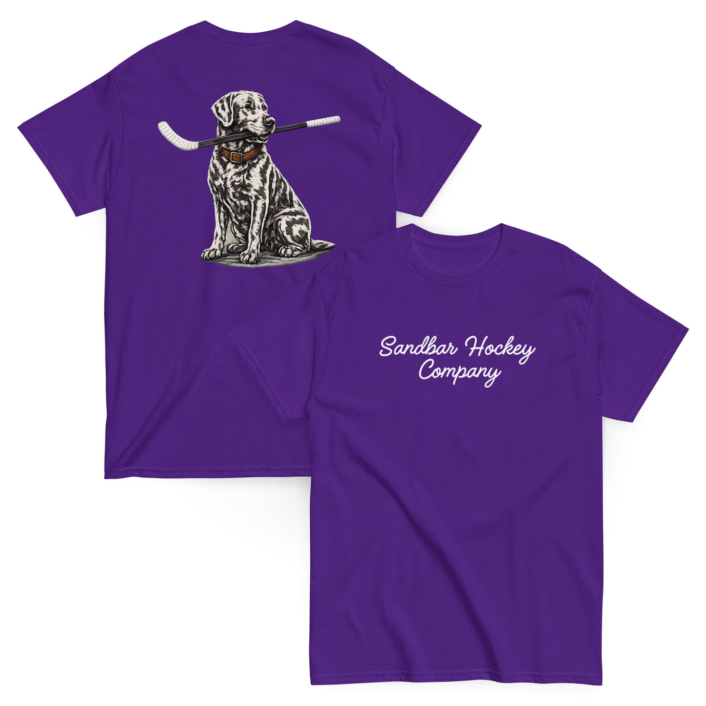 Purple hockey t-shirt shown with both sides, featuring the dog-with-hockey-stick back graphic and the white Sandbar Hockey Company script logo on the front chest.