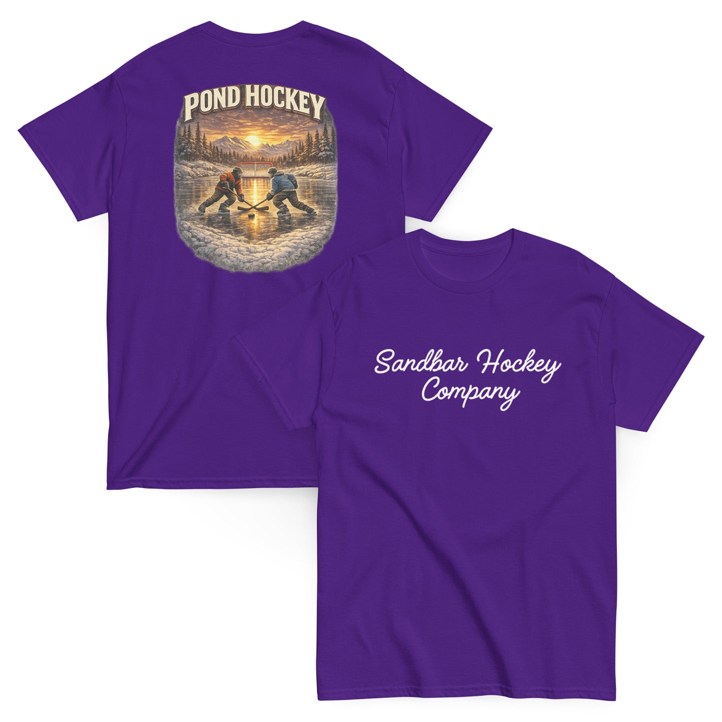 Purple short-sleeve T-shirt mockup showing front and back views. The back features a vintage-style pond hockey graphic with two players on a frozen pond at sunset, pine trees, mountains, and the words “POND HOCKEY” above. The front has “Sandbar Hockey Company” in white script across the chest.
