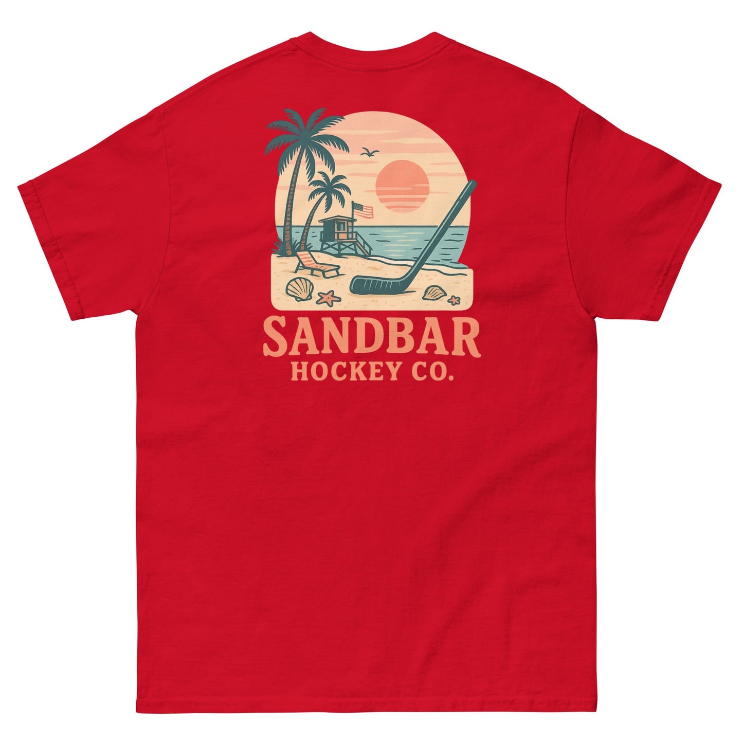 Red hockey t-shirt back side with beach sunset lifeguard stand graphic and Sandbar Hockey Co. logo