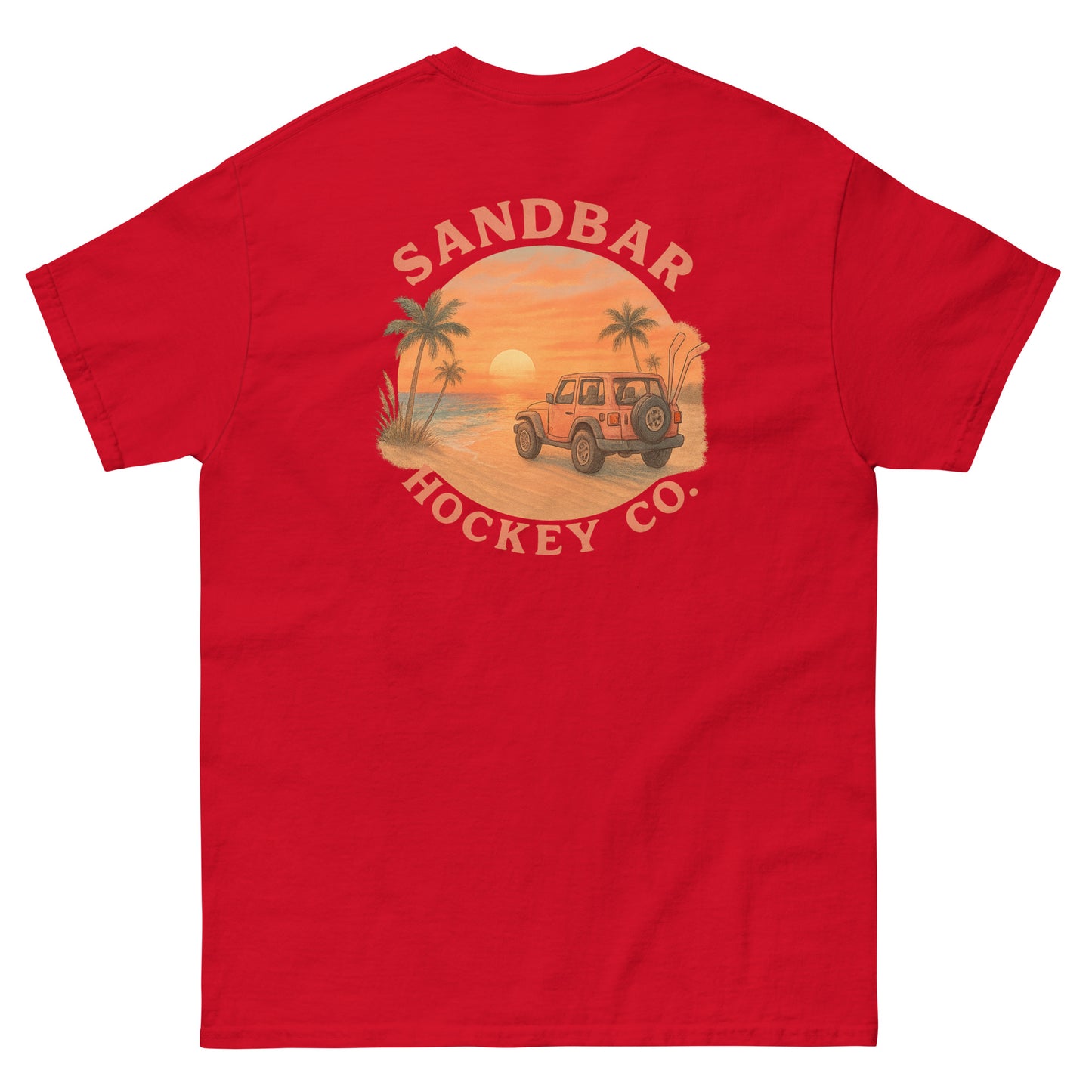 Red hockey t-shirt back side with beach sunset jeep graphic and Sandbar Hockey Co. logo