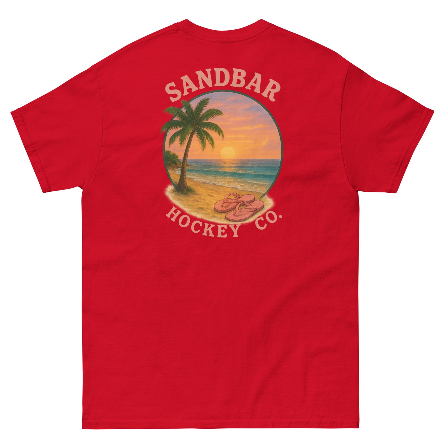 Red hockey t-shirt back side with beach sunset palm tree and flip flops graphic and Sandbar Hockey Co. logo