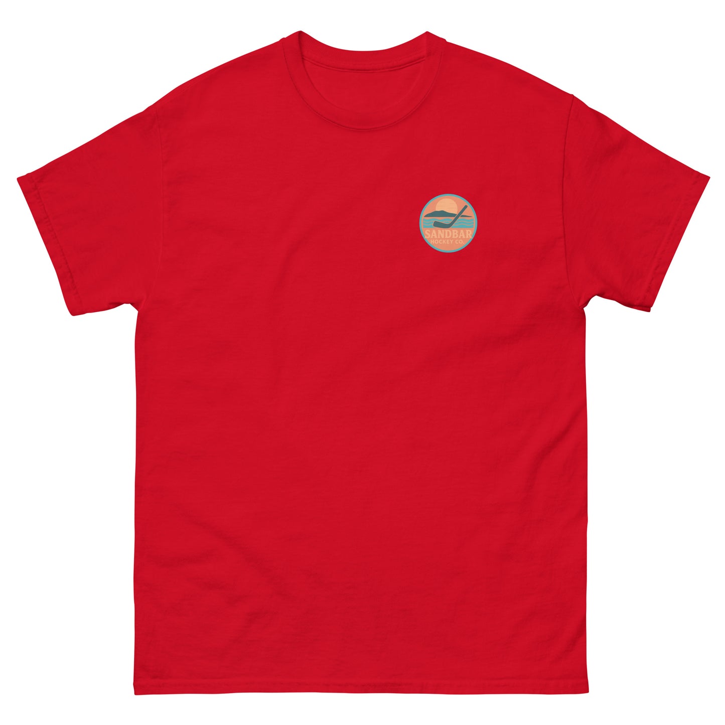 Red hockey t-shirt front side with small circular Sandbar Hockey chest logo
