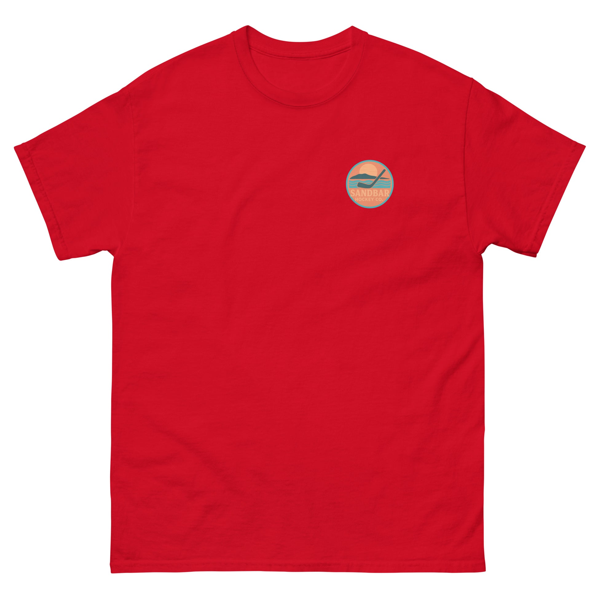 Red hockey t-shirt front side with small circular Sandbar Hockey chest logo