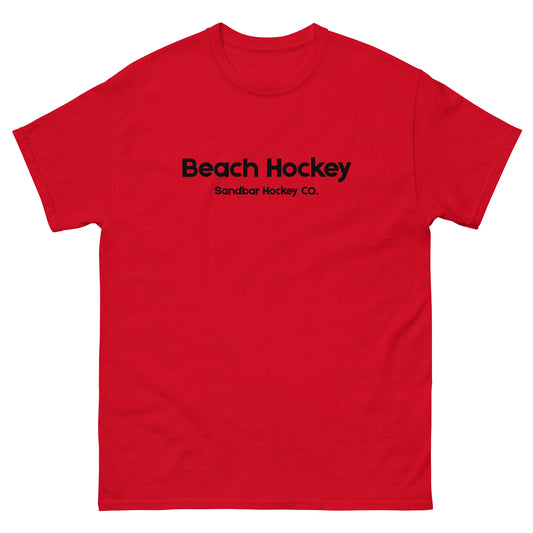 Red beach hockey t-shirt front view with Beach Hockey Sandbar Hockey Co. text on the chest.