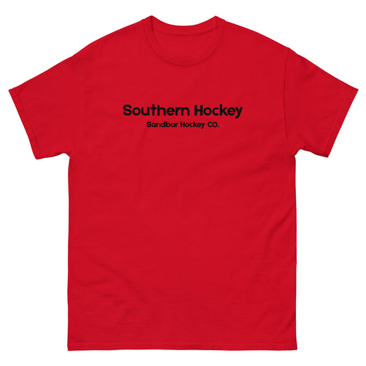 Red southern hockey t-shirt front view with Southern Hockey Sandbar Hockey Co. text on the chest.