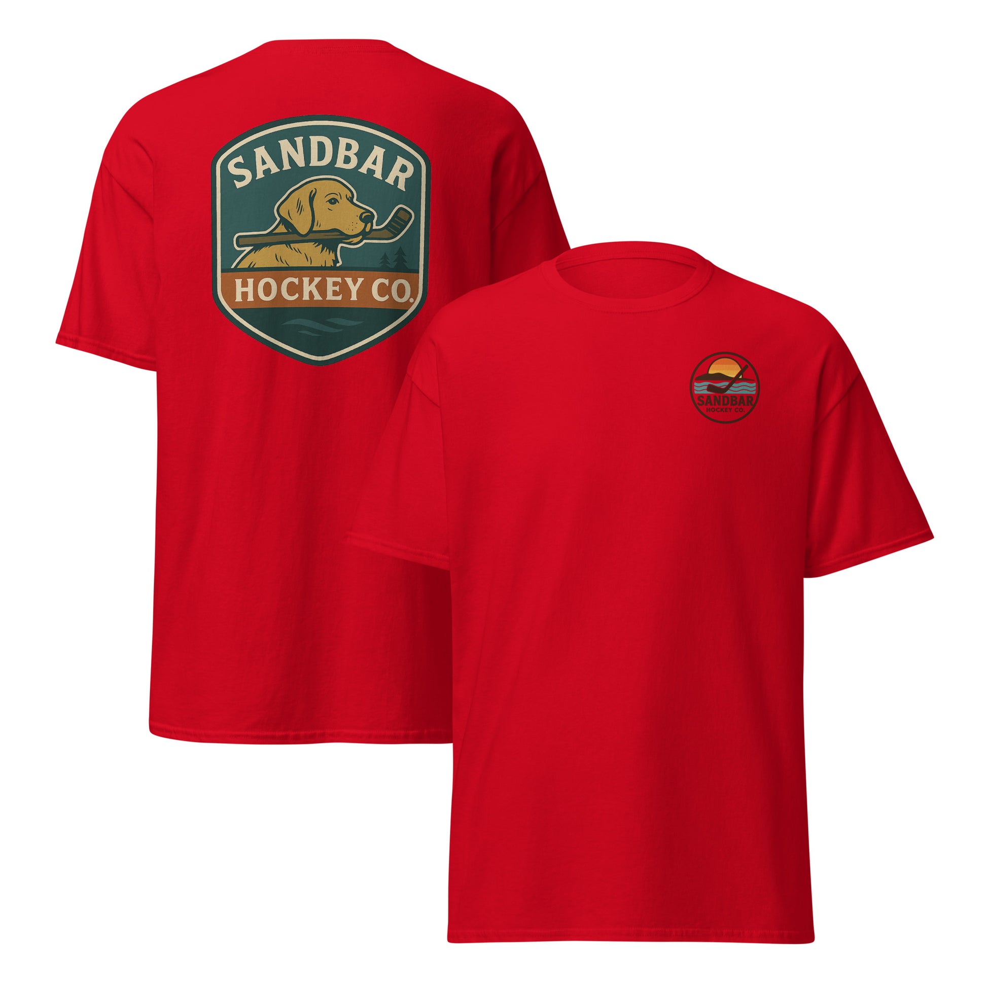 Red Sandbar Hockey Dog Badge T-Shirt front and back mockup with large shield-style back graphic of a dog holding a hockey stick in its mouth and small circular Sandbar Hockey Co. chest logo on front