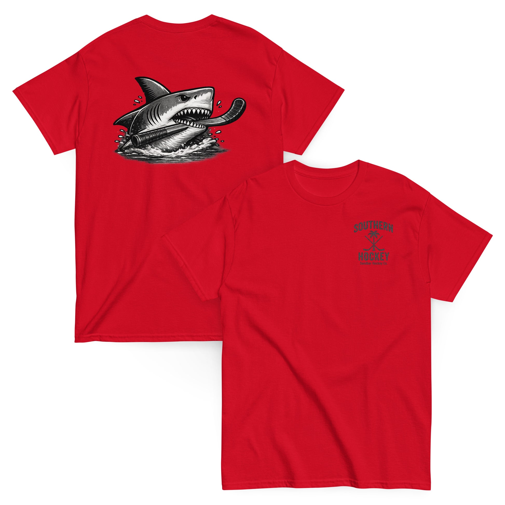 Red Southern Hockey Sandbar Hockey Co. T-shirt with black shark hockey graphic on the back and small Southern Hockey chest logo on the front
