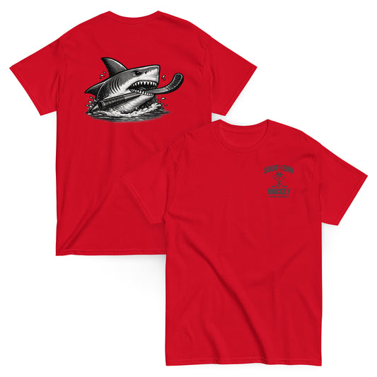 Red Southern Hockey Sandbar Hockey Co. T-shirt with black shark hockey graphic on the back and small Southern Hockey chest logo on the front