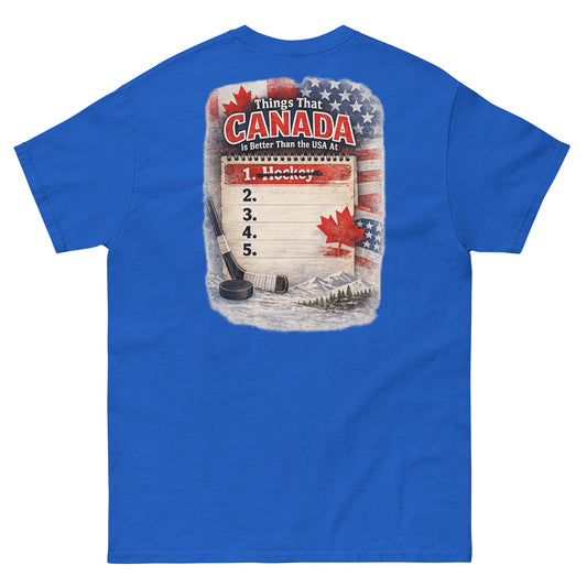 Royal blue hockey t-shirt with large back graphic that reads “Things That Canada Is Better Than the USA At” with “Hockey” crossed out at number one, plus American and Canadian flag elements, a hockey stick, puck, and mountain background.