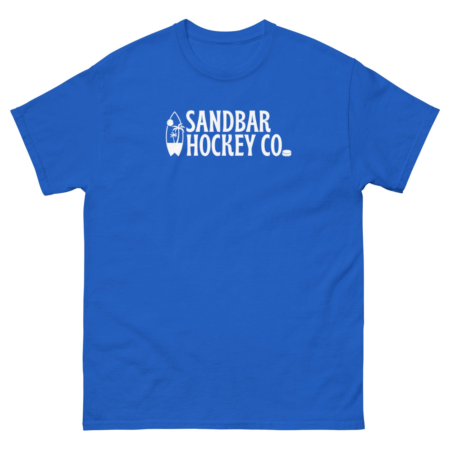 Royal blue Surf Stick T-Shirt with white Sandbar Hockey Co. surfboard front logo