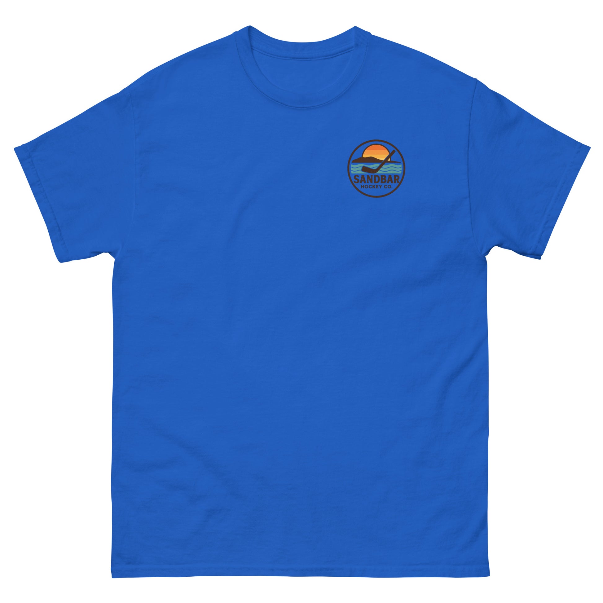 Royal blue hockey t-shirt with small front chest logo featuring a circular Sandbar Hockey Co. sunset-and-stick emblem.