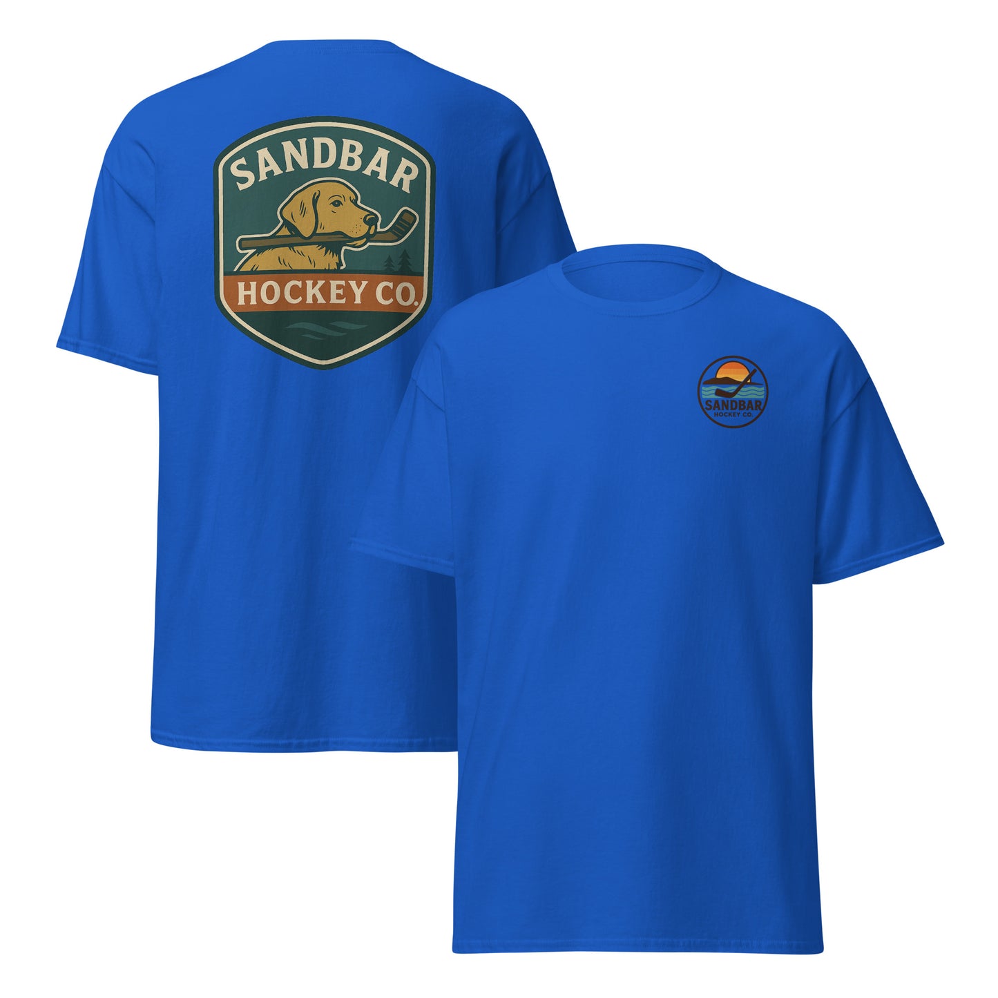 Royal blue Sandbar Hockey Dog Badge T-Shirt front and back mockup with large shield-style back graphic of a dog holding a hockey stick in its mouth and small circular Sandbar Hockey Co. chest logo on front