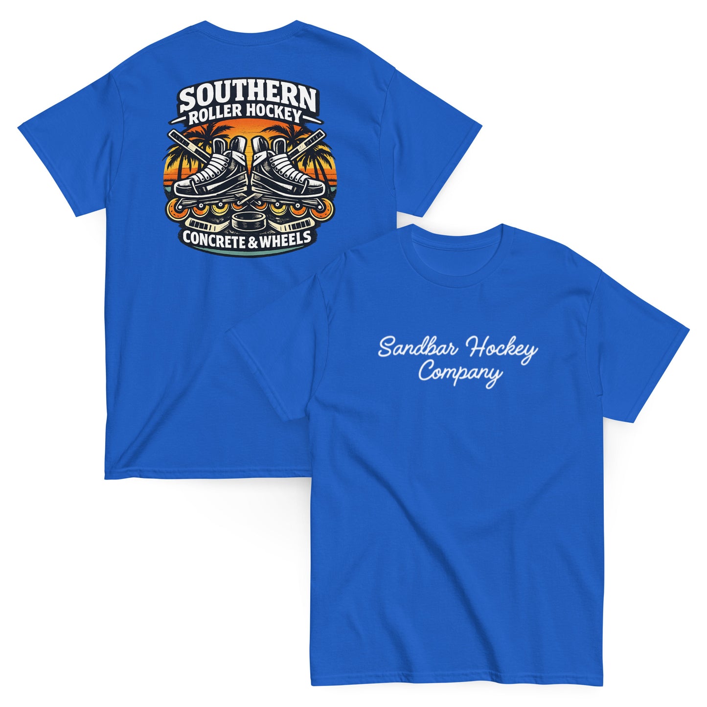 Royal blue southern roller hockey t-shirt showing back graphic with crossed roller skates, hockey sticks, puck, palm trees, and front chest Sandbar Hockey Company script.