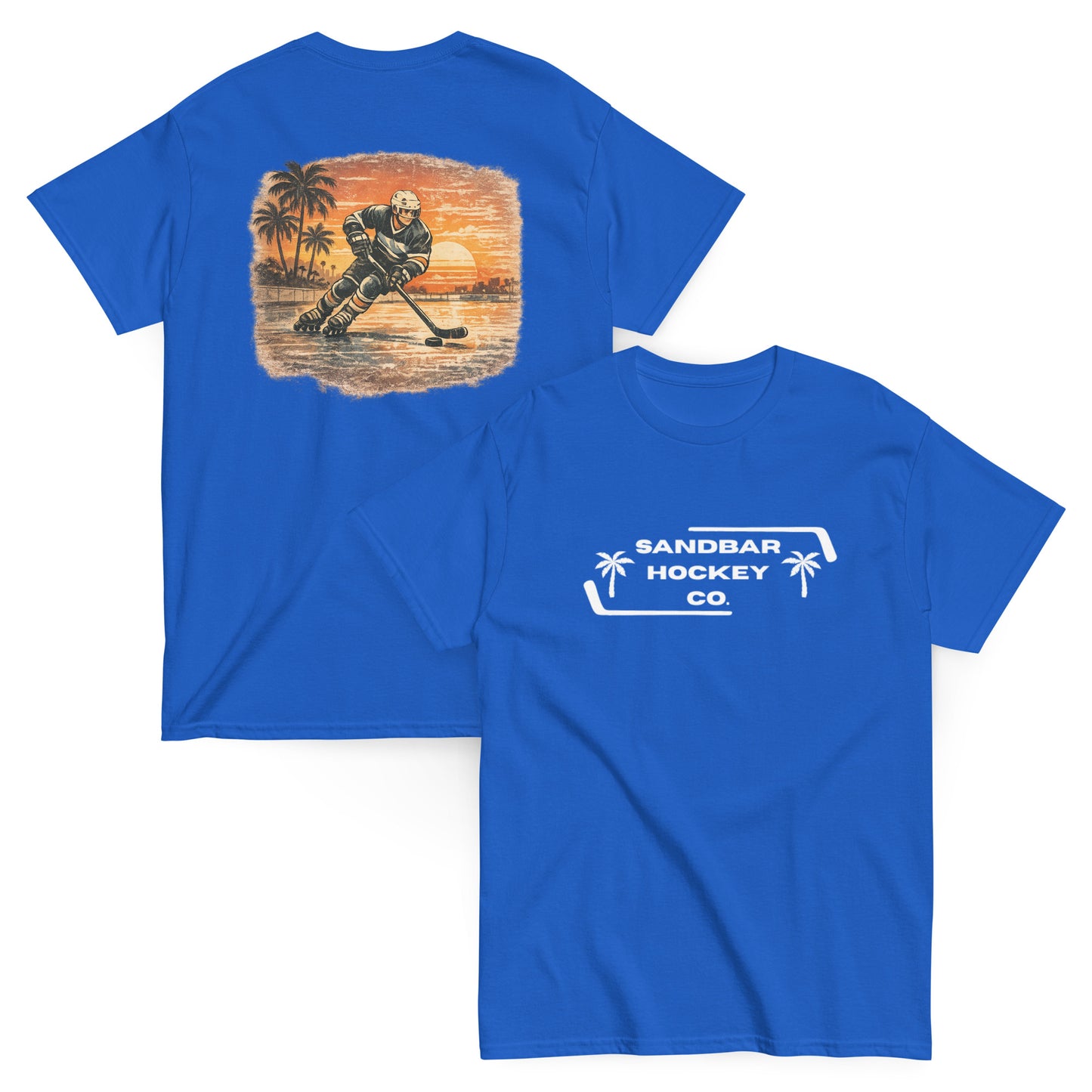 Royal blue Sunset Glide Roller Hockey T-Shirt with large vintage coastal hockey back graphic and white Sandbar Hockey Co. front chest logo
