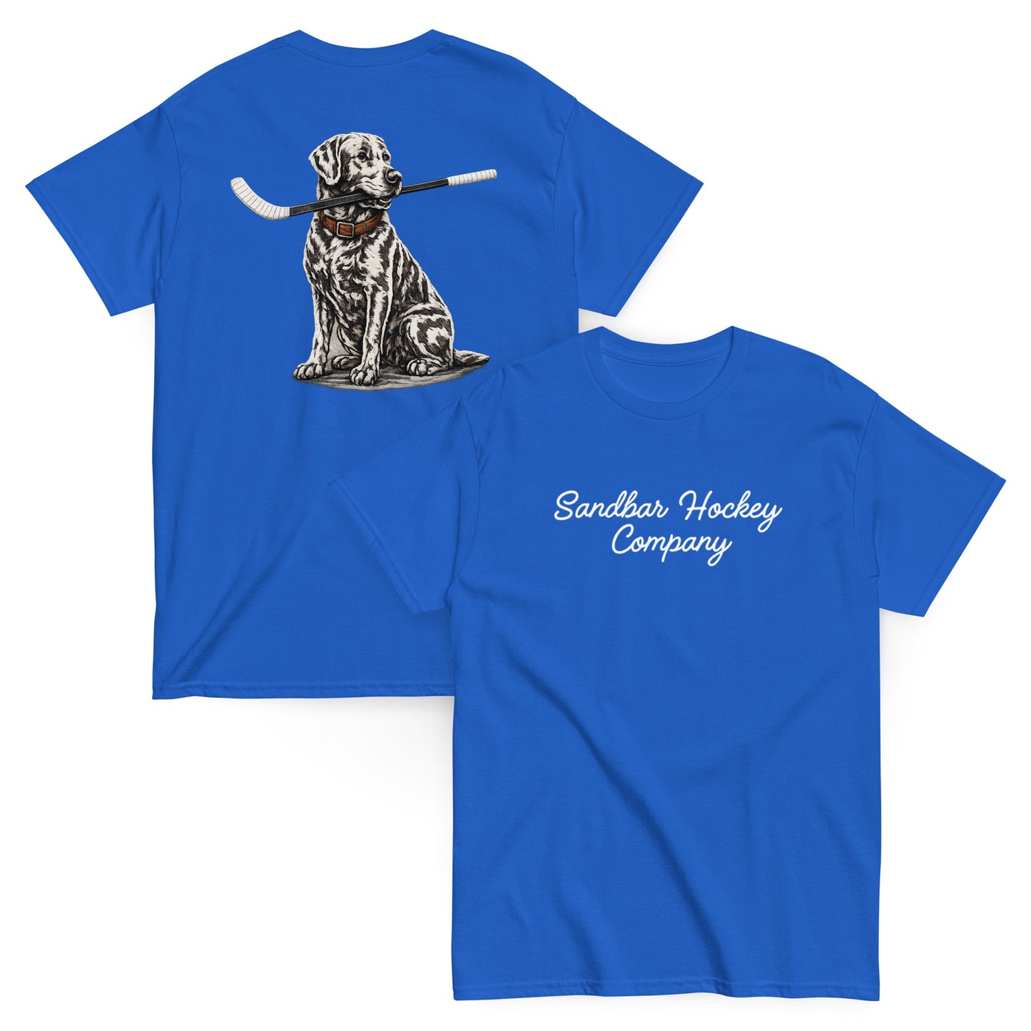 Blue hockey t-shirt shown with both sides, featuring the dog-with-hockey-stick back graphic and the white Sandbar Hockey Company script logo on the front chest.