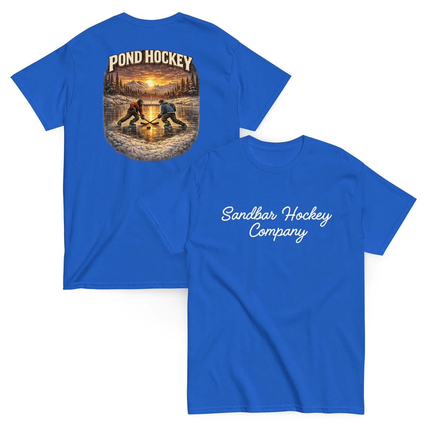 Blue short-sleeve T-shirt mockup showing front and back views. The back features a vintage-style pond hockey graphic with two players on a frozen pond at sunset, pine trees, mountains, and the words “POND HOCKEY” above. The front has “Sandbar Hockey Company” in white script across the chest.