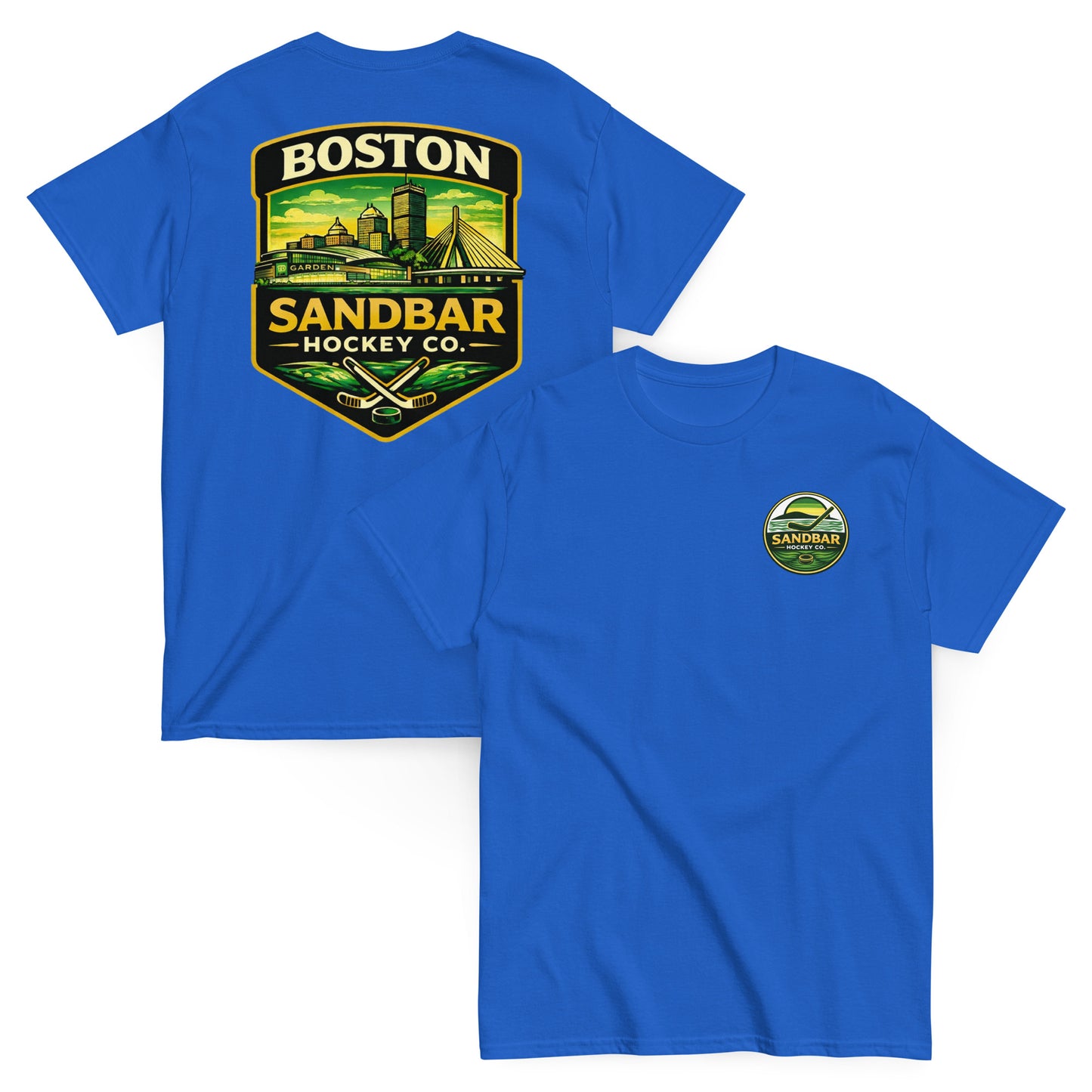 Boston Sandbar Hockey Co. royal blue t-shirt mockup showing the front and back of the shirt, with a small circular Sandbar Hockey Co. logo on the front left chest and a large Boston skyline hockey graphic on the back.