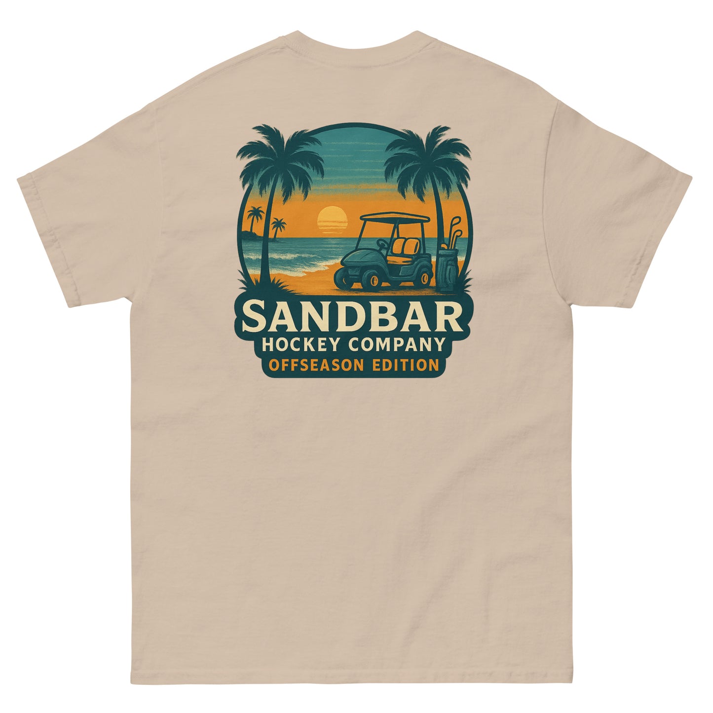 Sand T-shirt with a large back graphic of a beach sunset scene featuring palm trees, ocean waves, a golf cart, hockey sticks, and the text “Sandbar Hockey Company Offseason Edition.”