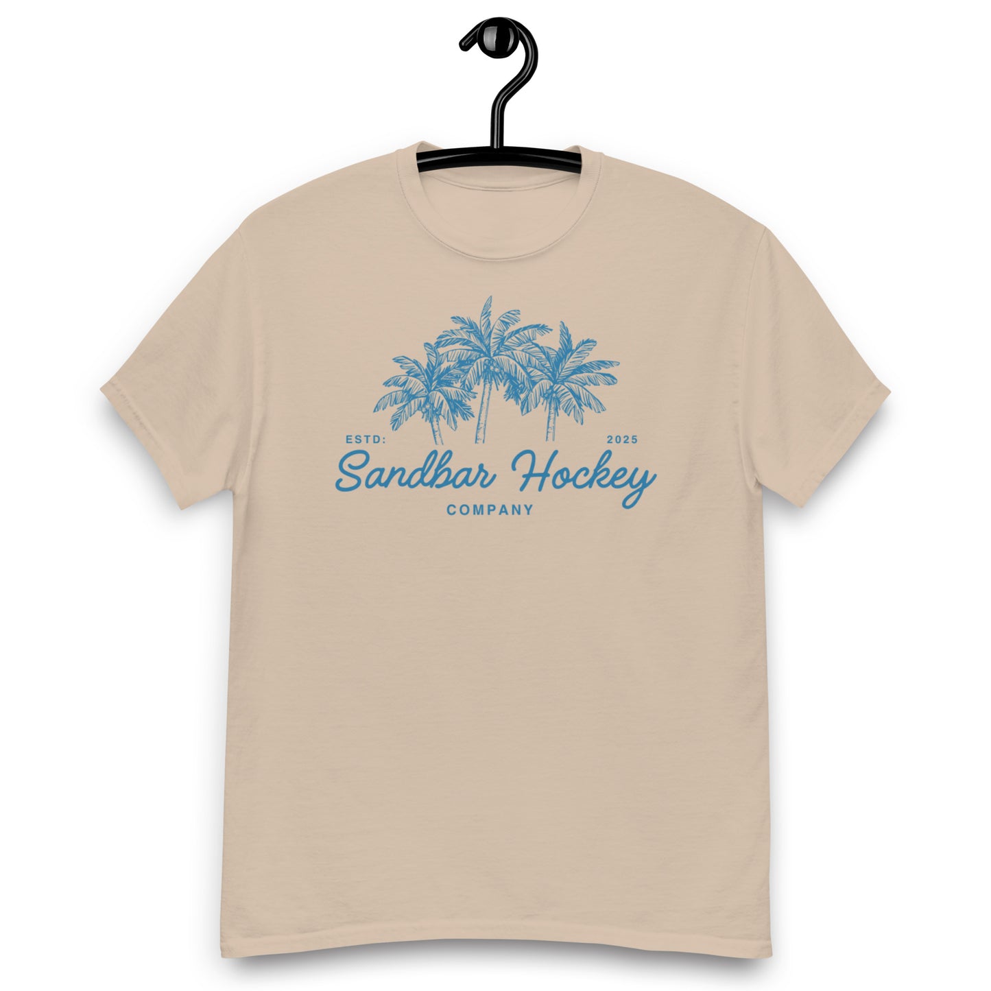 Sand hockey t-shirt front side with blue palm tree graphic and Sandbar Hockey Company cursive logo