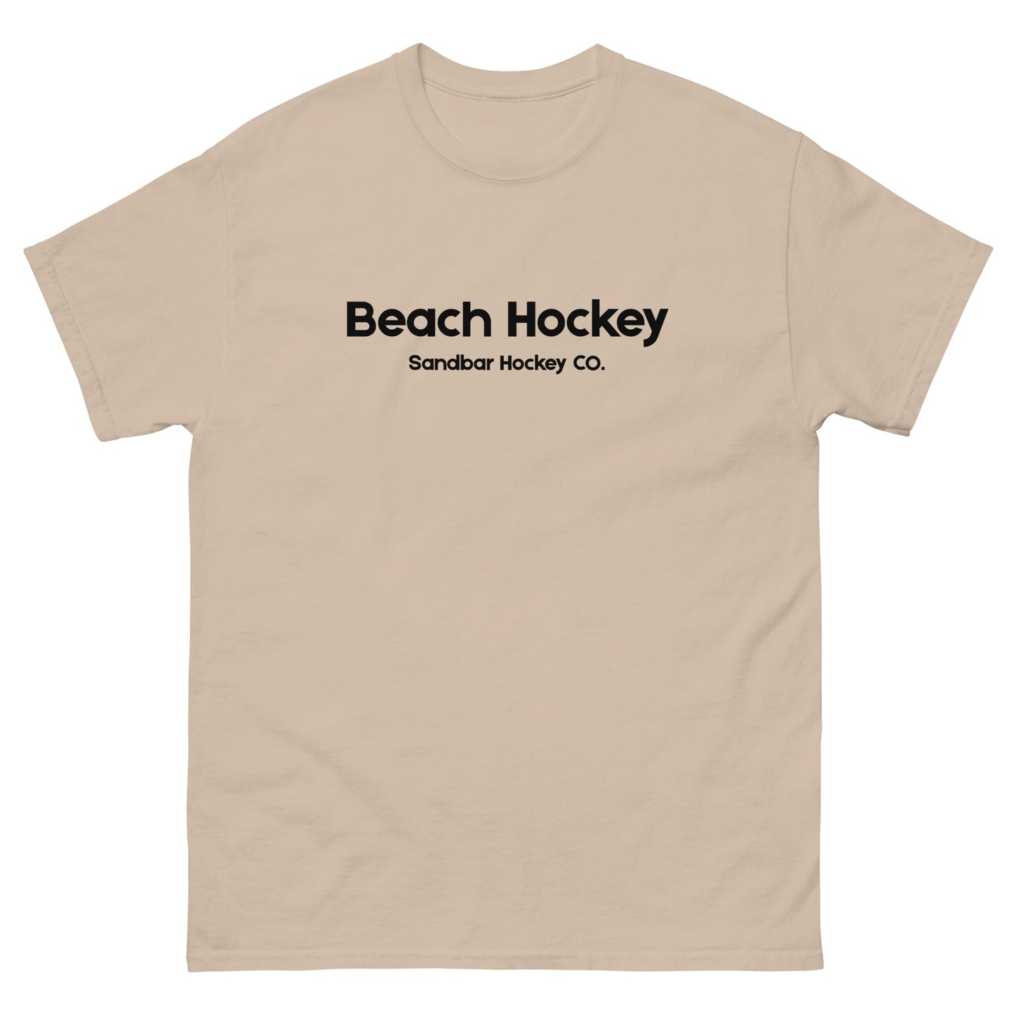 Sand beach hockey t-shirt front view with Beach Hockey Sandbar Hockey Co. text on the chest.