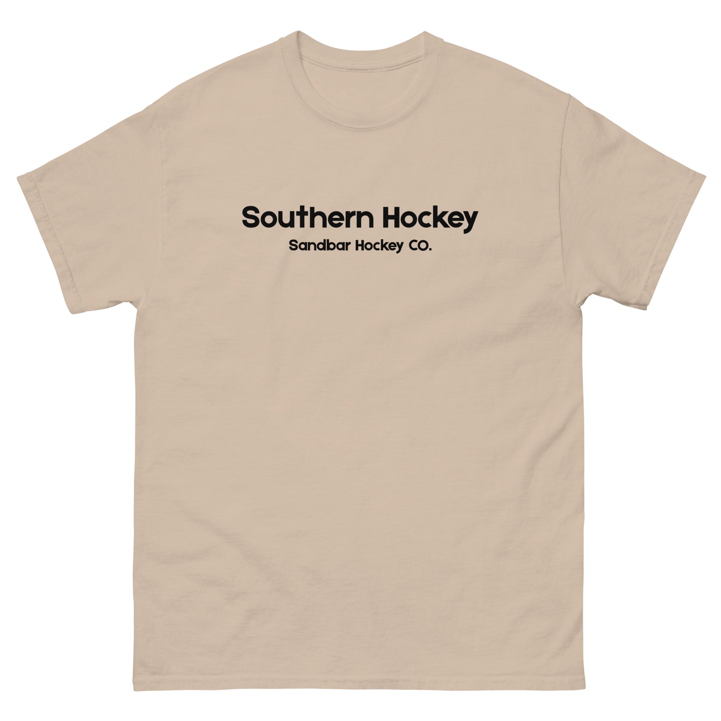 Sand southern hockey t-shirt front view with Southern Hockey Sandbar Hockey Co. text on the chest.