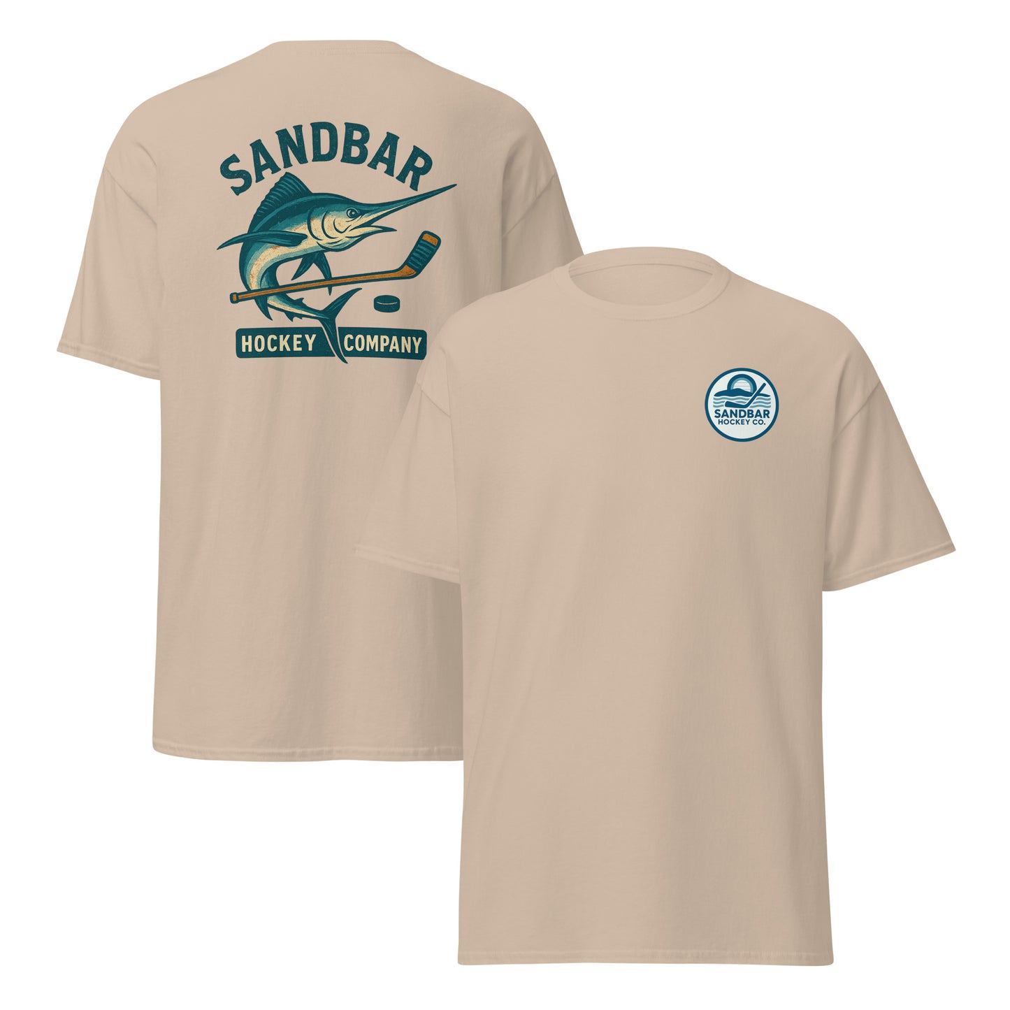 Sand hockey t-shirt front and back combo view with marlin and hockey stick back graphic and small circular Sandbar Hockey Co. chest logo