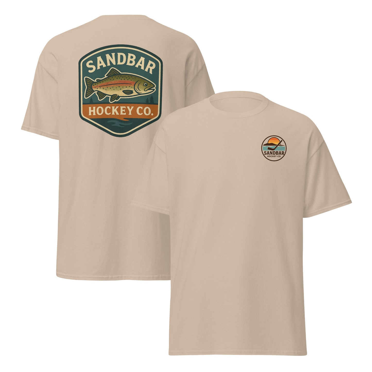 Sand hockey t-shirt front and back combo view with trout badge back graphic and small circular Sandbar Hockey Co. sunset, water, island, and hockey stick chest logo