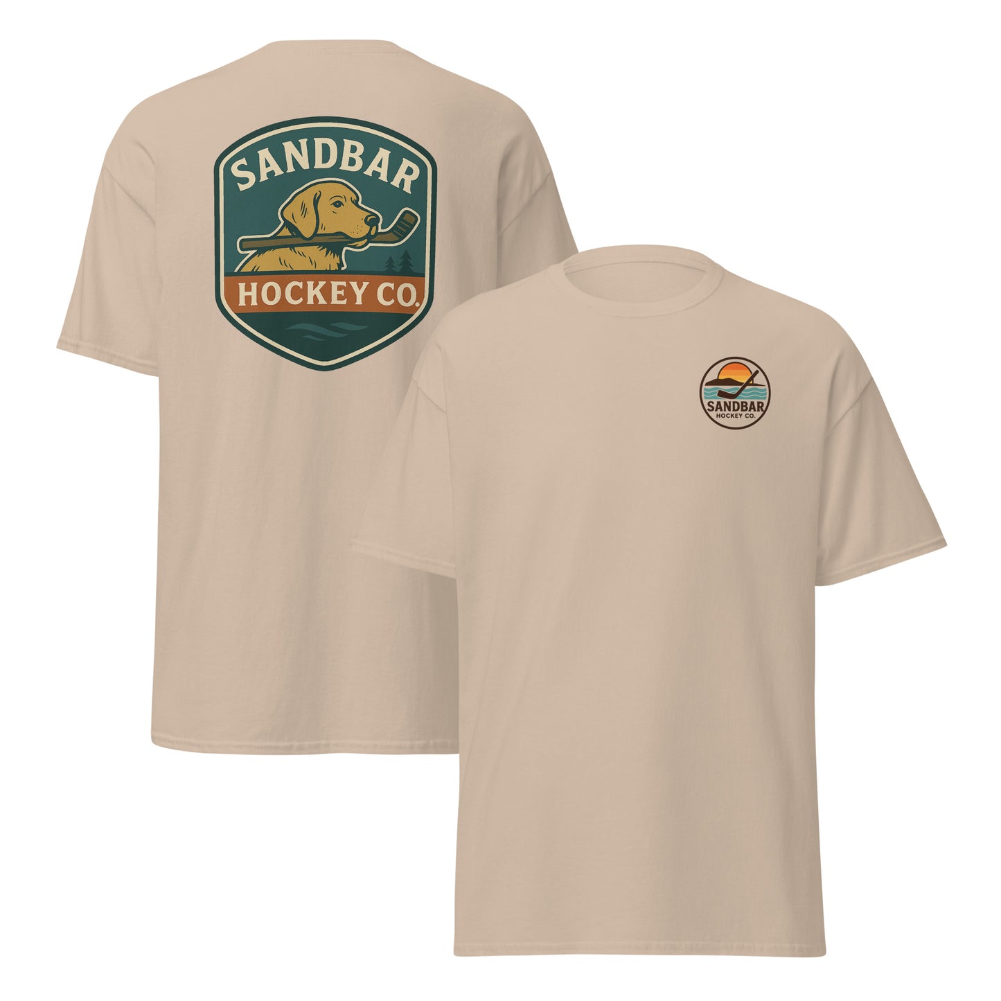 Sand Sandbar Hockey Dog Badge T-Shirt front and back mockup with large shield-style back graphic of a dog holding a hockey stick in its mouth and small circular Sandbar Hockey Co. chest logo on front
