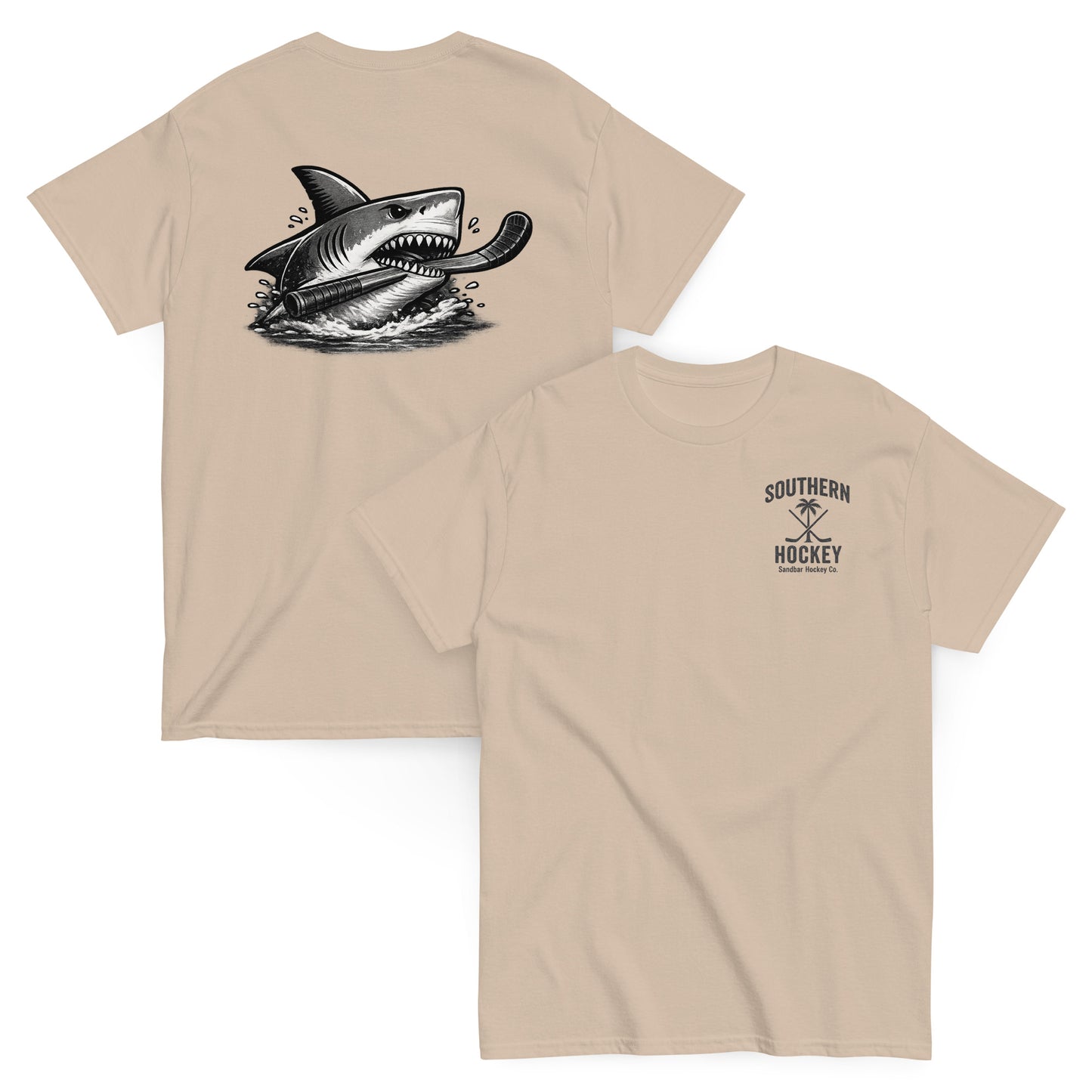 Sand Southern Hockey Sandbar Hockey Co. T-shirt with black shark hockey graphic on the back and small Southern Hockey chest logo on the front