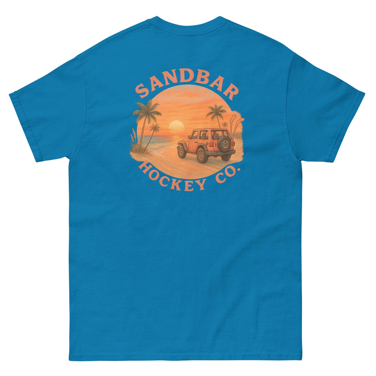 Blue hockey t-shirt back side with beach sunset jeep graphic and Sandbar Hockey Co. logo
