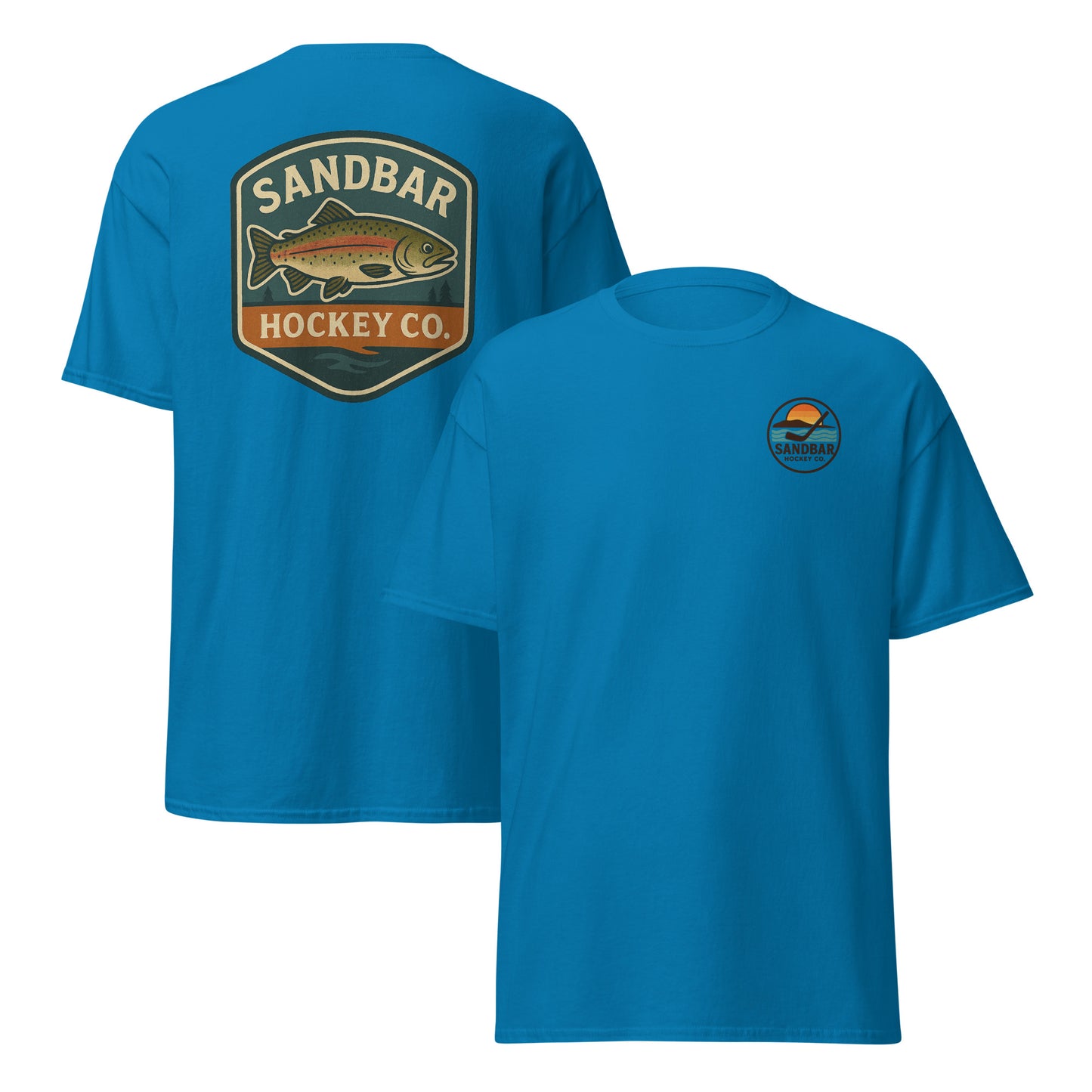 Blue hockey t-shirt front and back combo view with trout badge back graphic and small circular Sandbar Hockey Co. sunset, water, island, and hockey stick chest logo