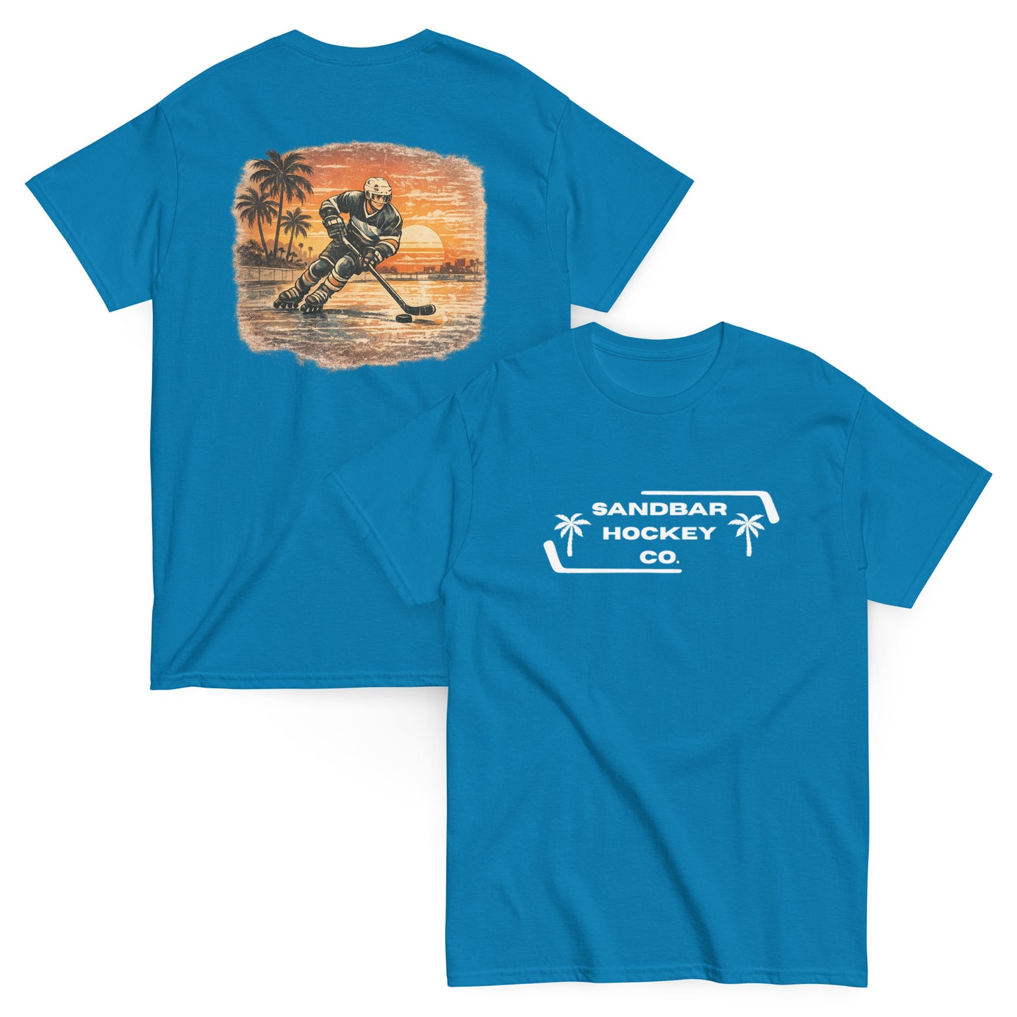 Blue Sunset Glide Roller Hockey T-Shirt with large vintage coastal hockey back graphic and white Sandbar Hockey Co. front chest logo